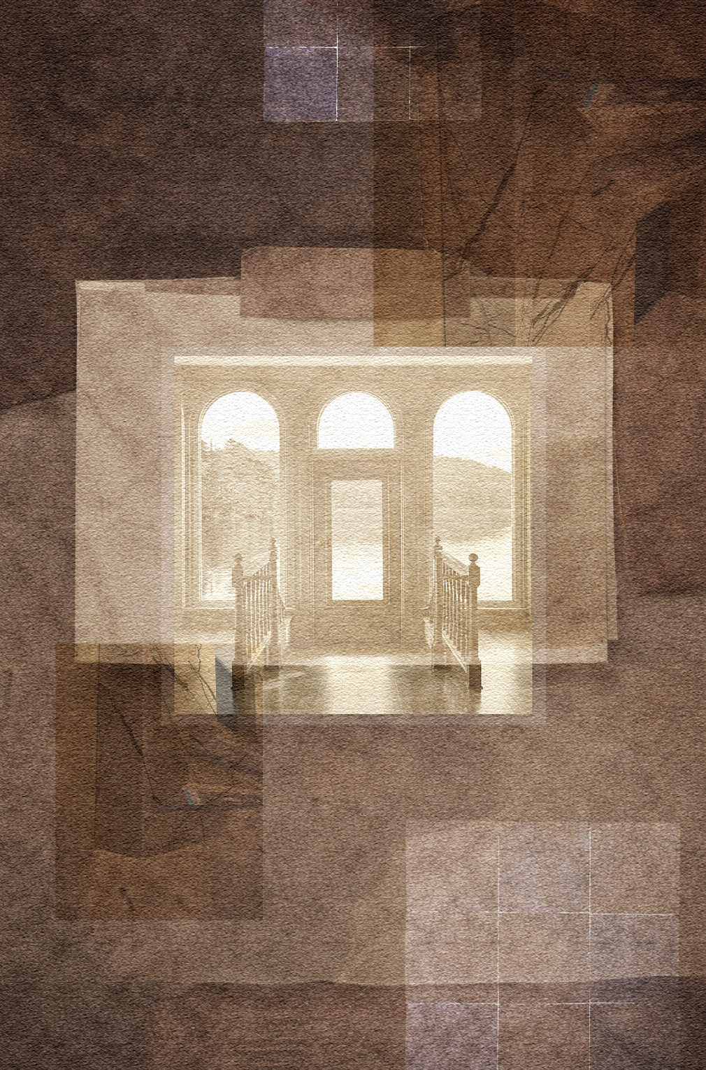 An artistic, layered depiction of a doorway with a balcony and arched windows in the background, rendered in warm earthy tones.