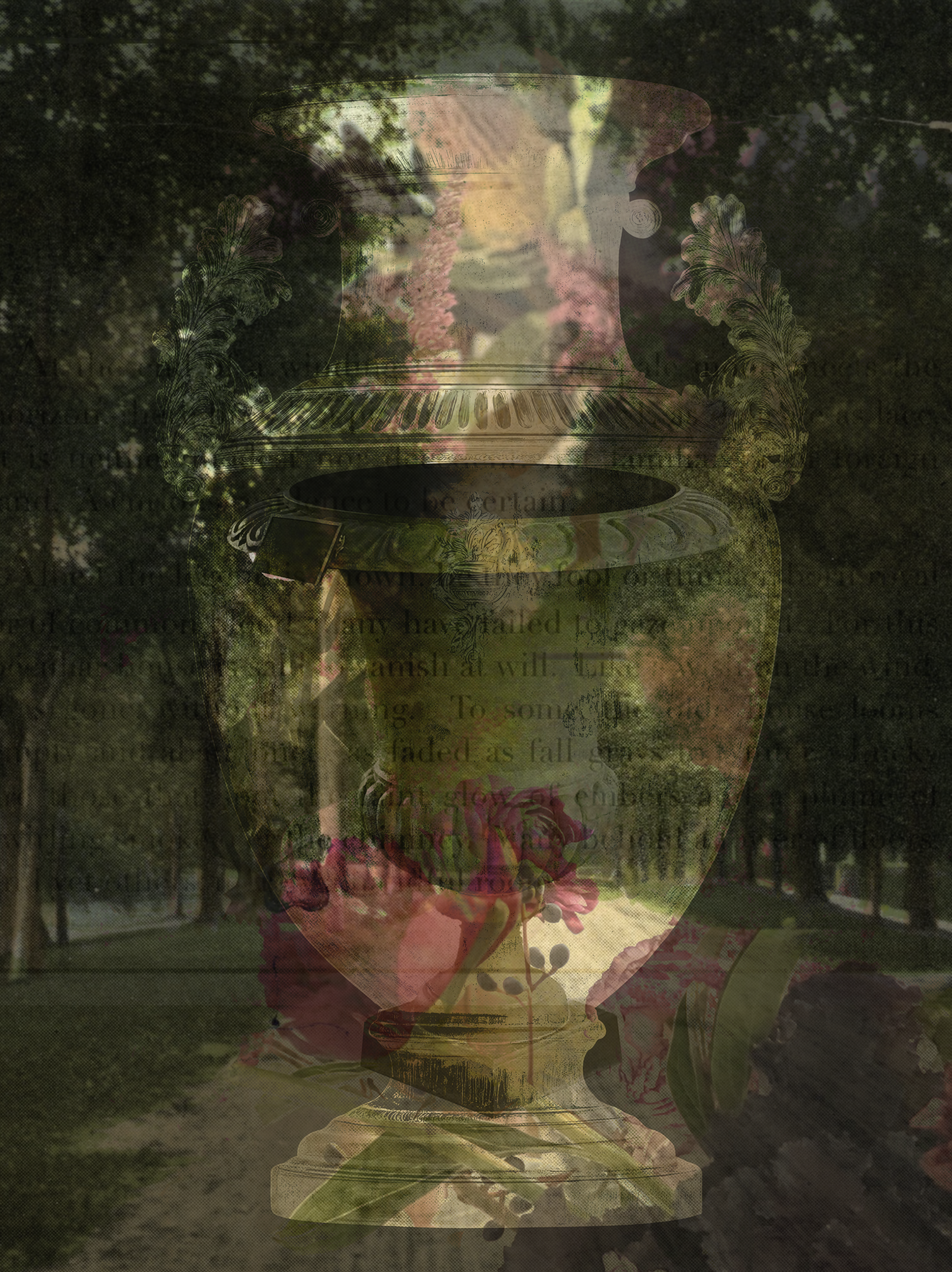 A vintage glass trophy with engraved details, superimposed over a park scene with trees and a pathway, giving an artistic, layered effect.