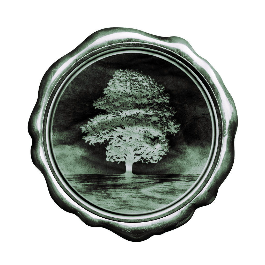 A wax seal with a raised design of a tree in the center, surrounded by a scalloped edge, featuring green and white coloring.
