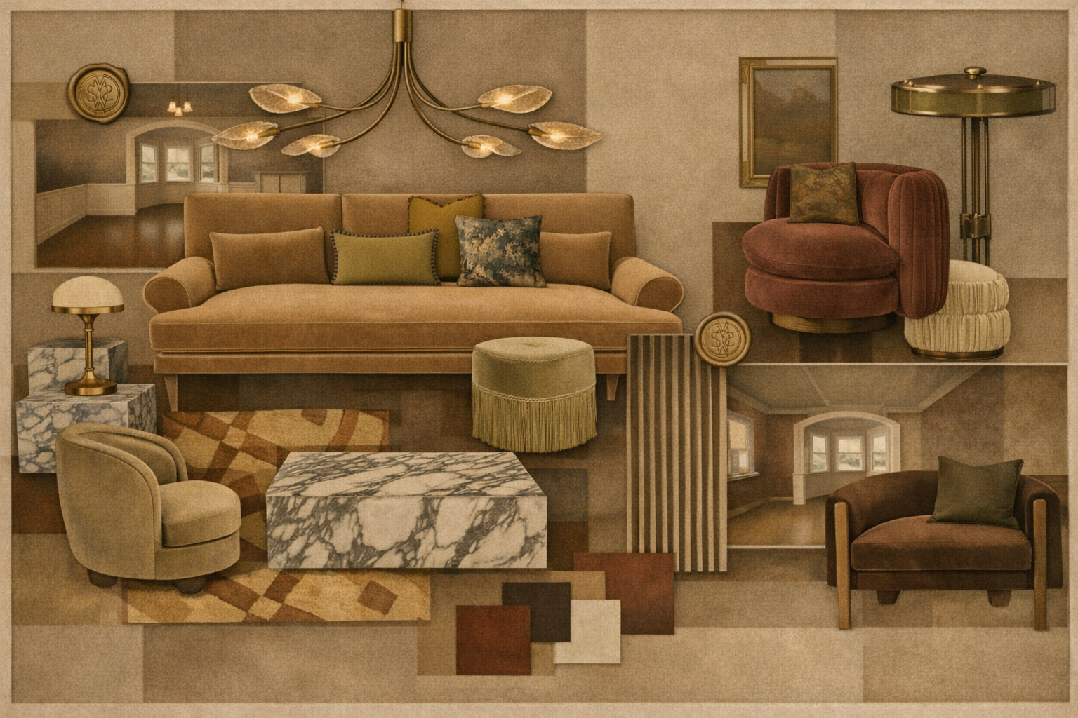 Interior of a stylish living room with a beige sofa, decorative pillows, a marble coffee table, a tan armchair, a patterned rug, and a modern chandelier.