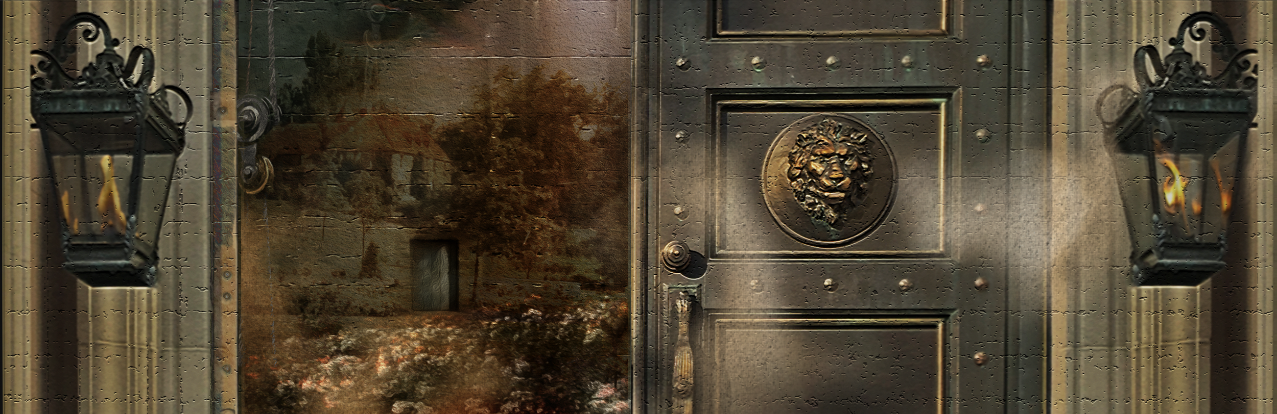 A split view image showing a closed door with a lion face emblem and a decorative lamp on each side, and a wall with autumn trees in the background.