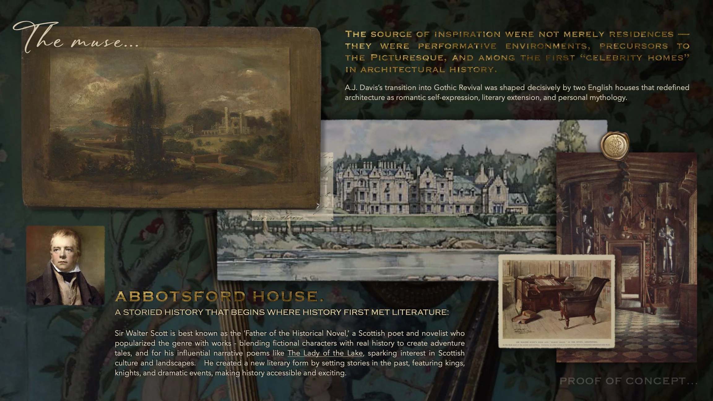 An educational collage about Abbeysford House, featuring paintings, a portrait of Sir Walter Scott, and text describing its history and significance in literature and architecture.