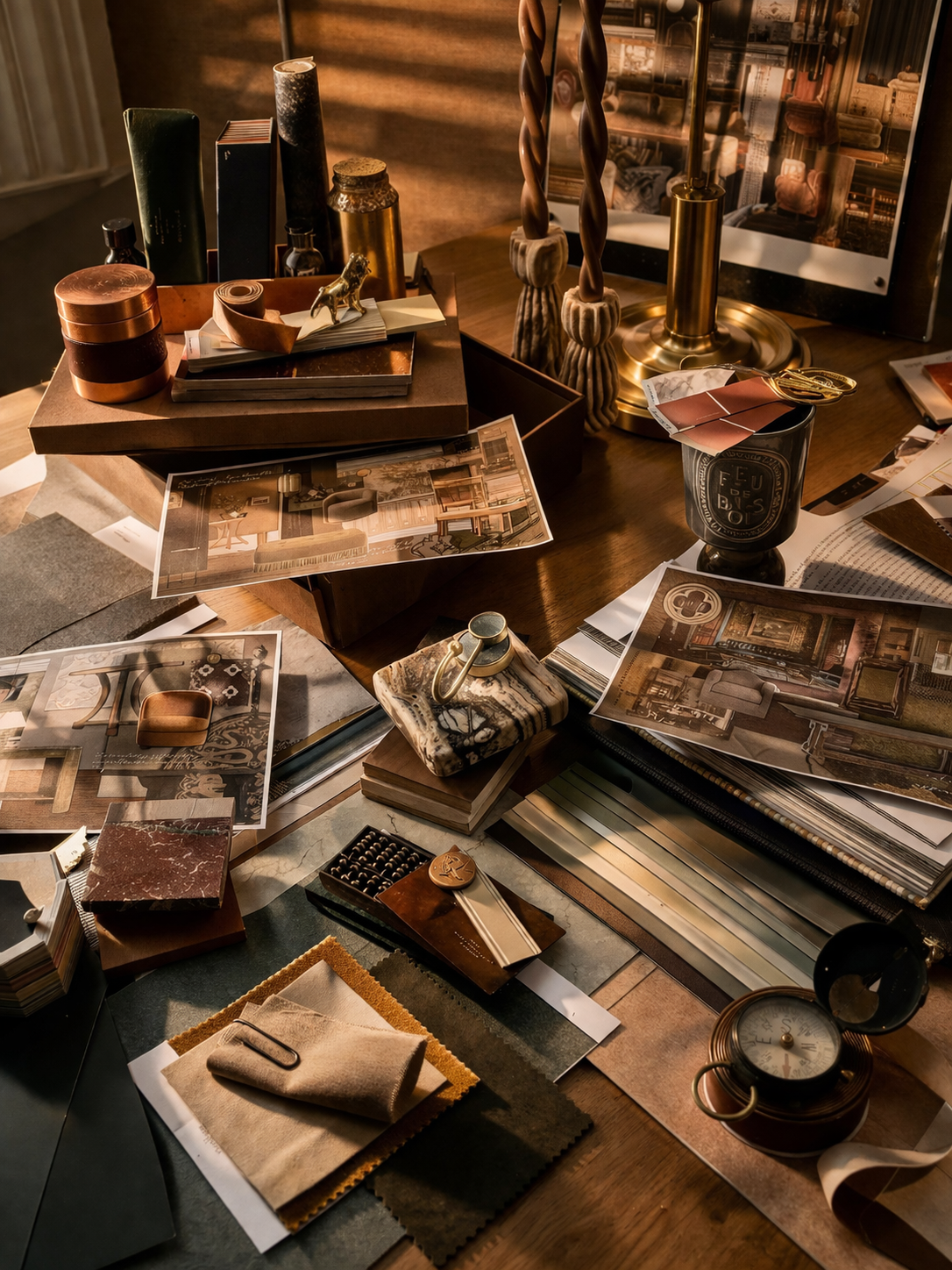 A cluttered wooden table with books, fabric swatches, color samples, photographs of interior designs, a small box, decorative objects, candles, a clock, and a framed picture in a warm lighting setting.