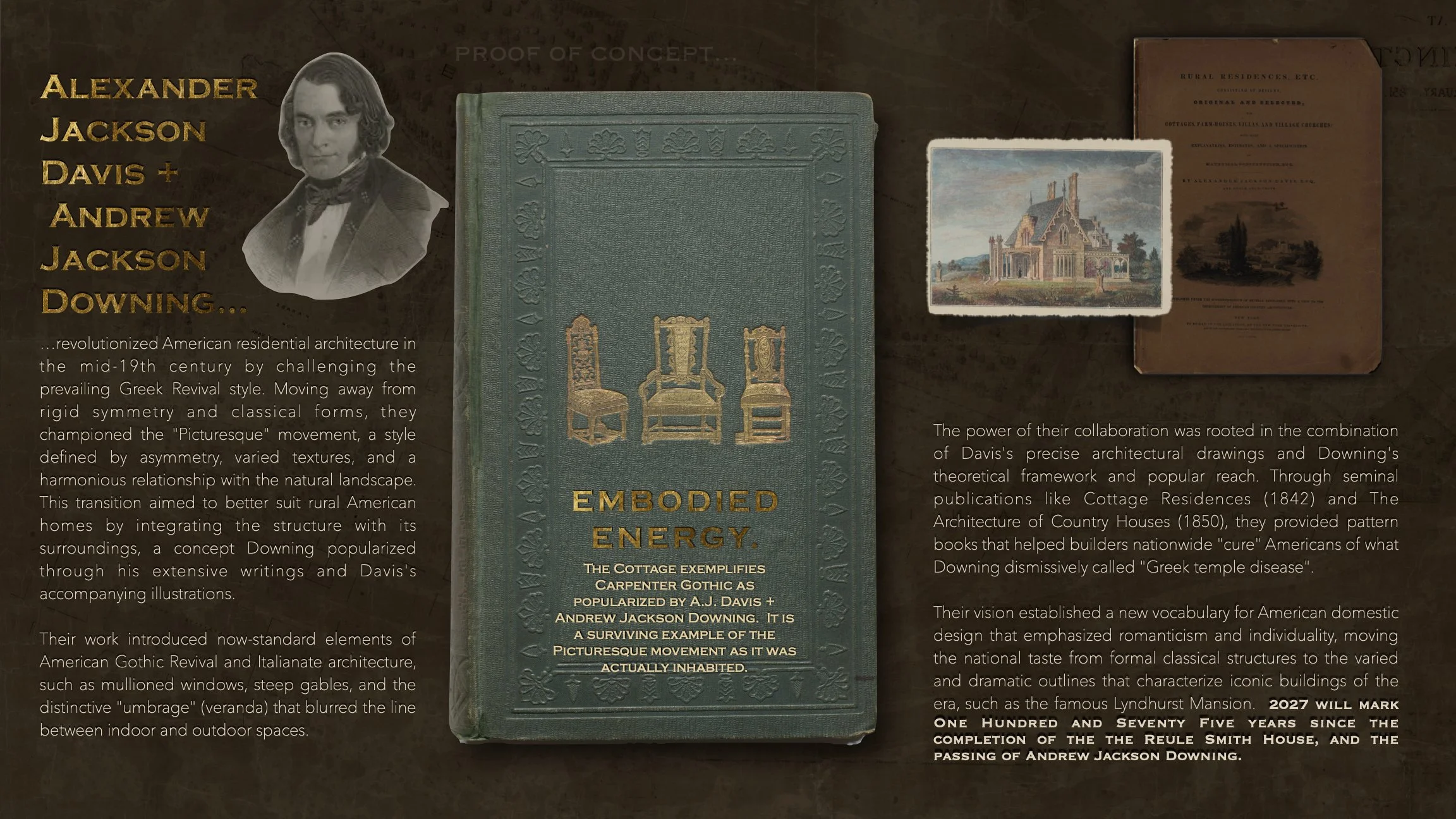 Historical presentation about Alexander Jackson Davis and Andrew Jackson Downing, featuring a picture of Davis, a book titled 'Embodied Energy,' architectural drawings, and old documents discussing American residential architecture.