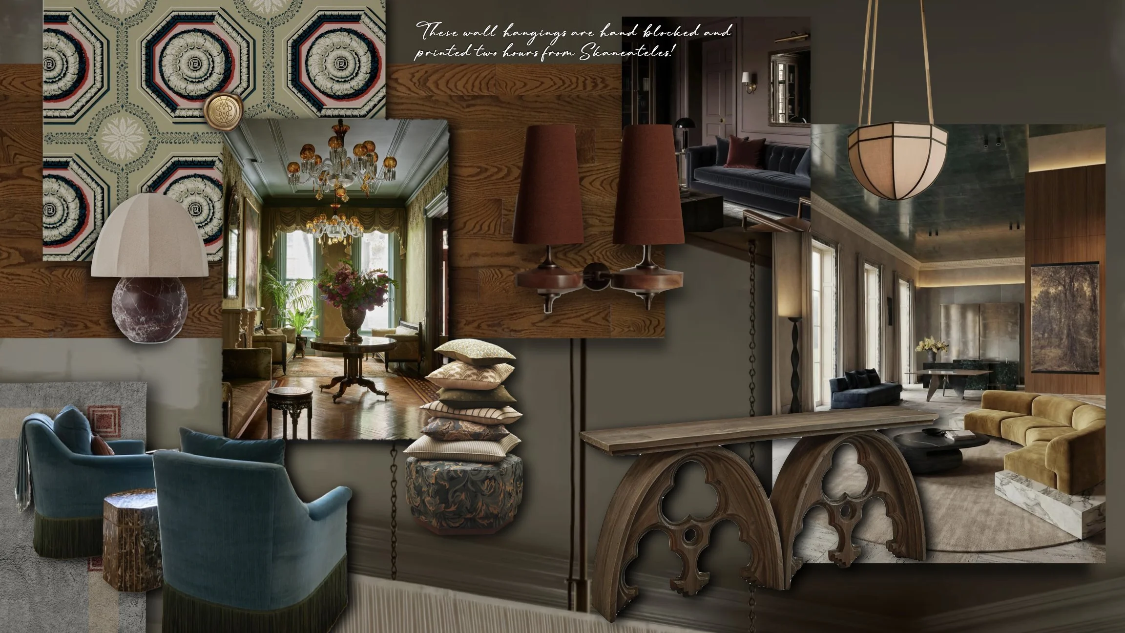Collage of various luxury interior rooms with chandeliers, sofas, lamps, and decorative wall hangings.