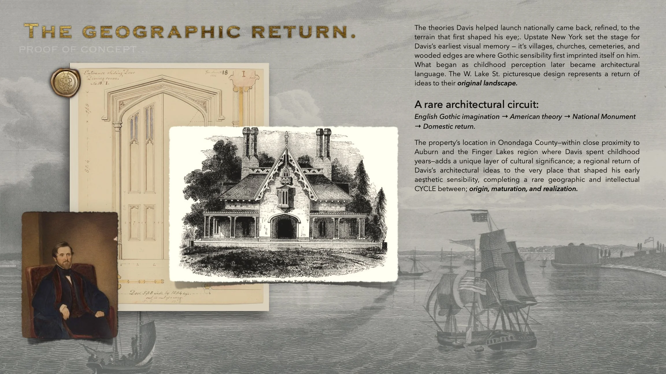 A historical display features architectural sketches of a Gothic style building, a vintage photograph of a man in formal attire, and a painting of a sailing ship with an American flag, all set against a background of a coastal scene with ships and wi