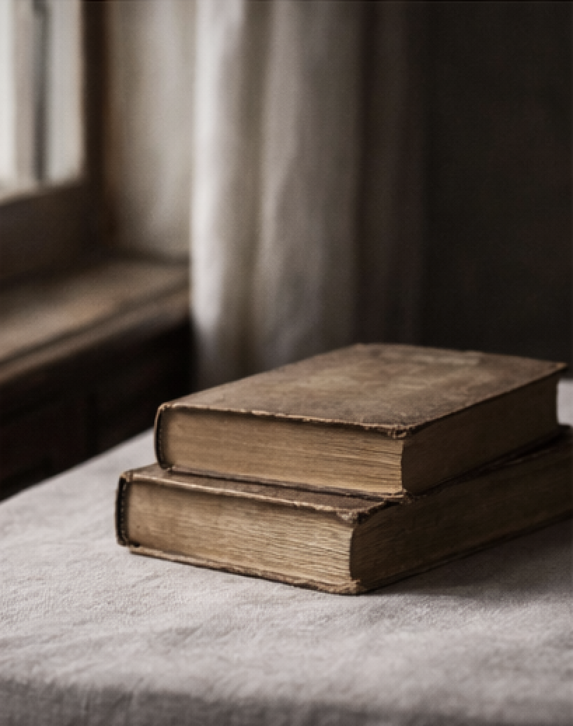 Two old, worn hardcover books stacked on a table near a window with curtains.