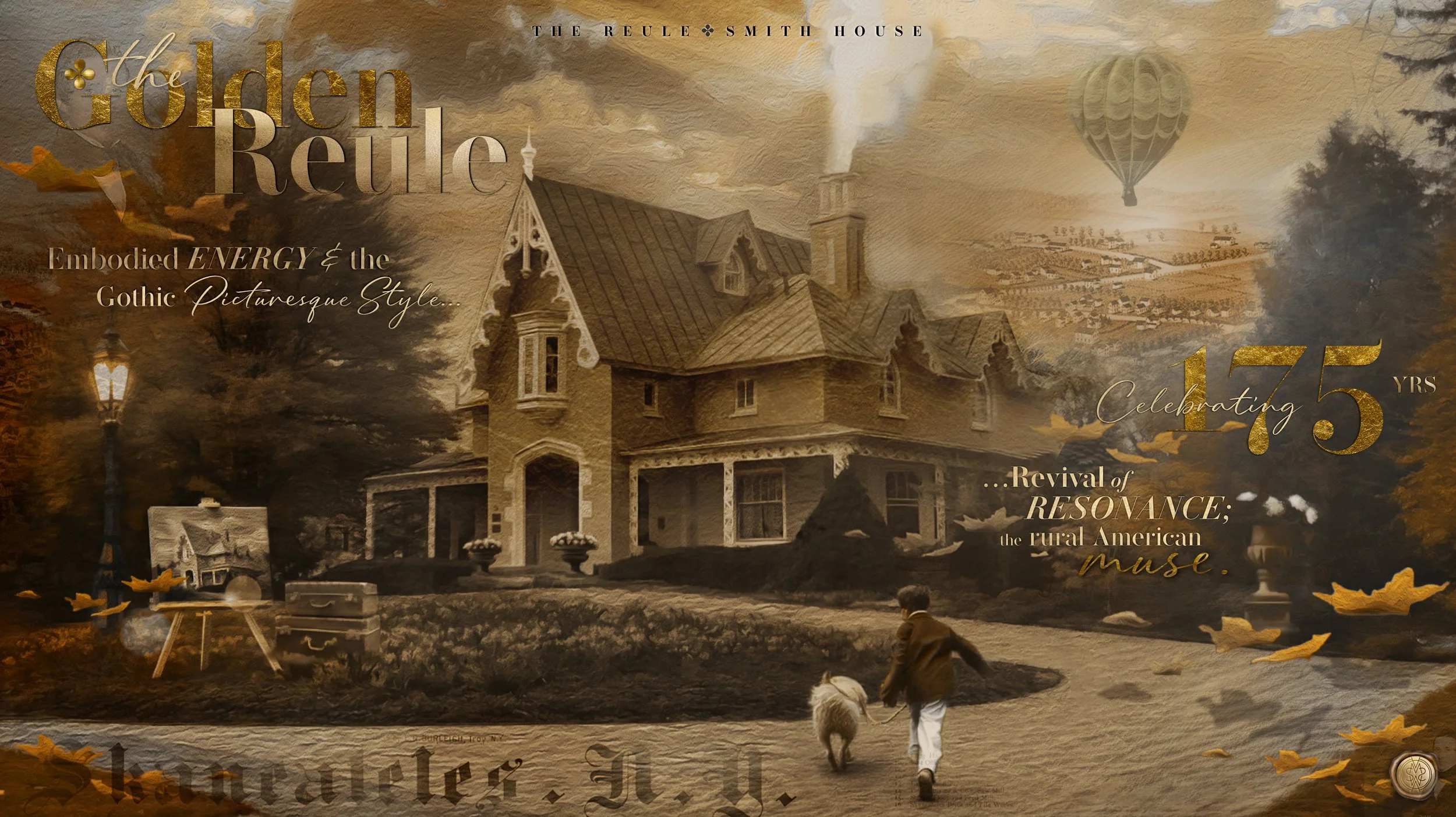 A vintage poster celebrating the 175th anniversary of the Reuel Smith House, featuring a sepia-toned illustration of a historic house, a hot air balloon, street lamps, and children playing with a dog in a rural American setting.