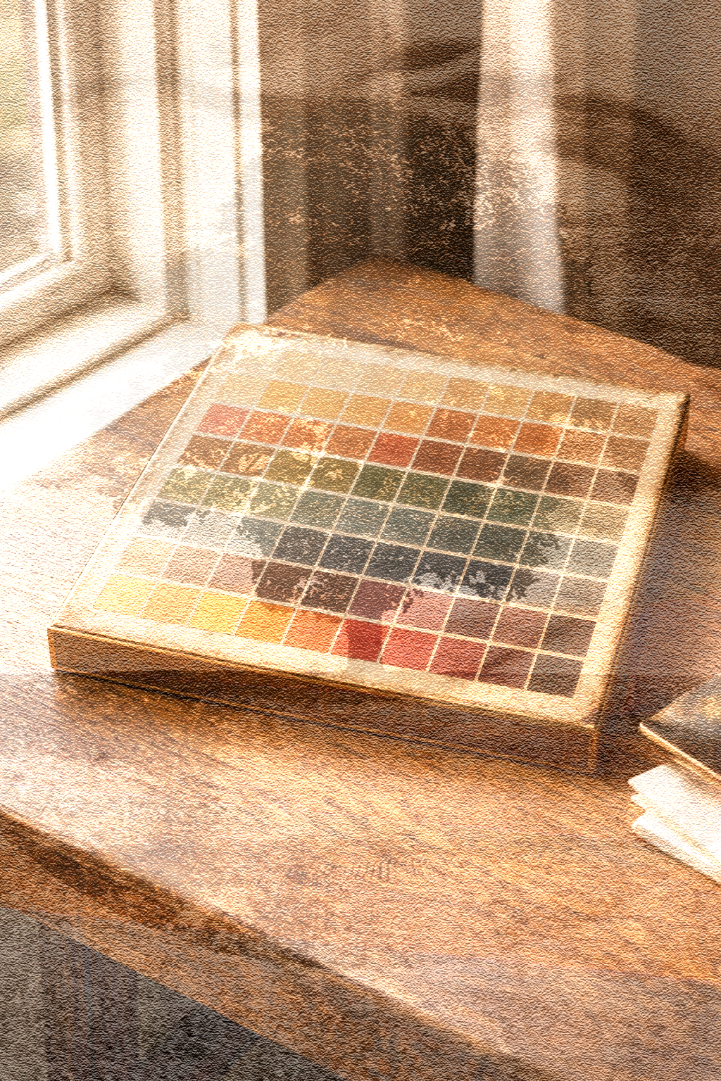 A paint color sample book on a wooden table near a window.