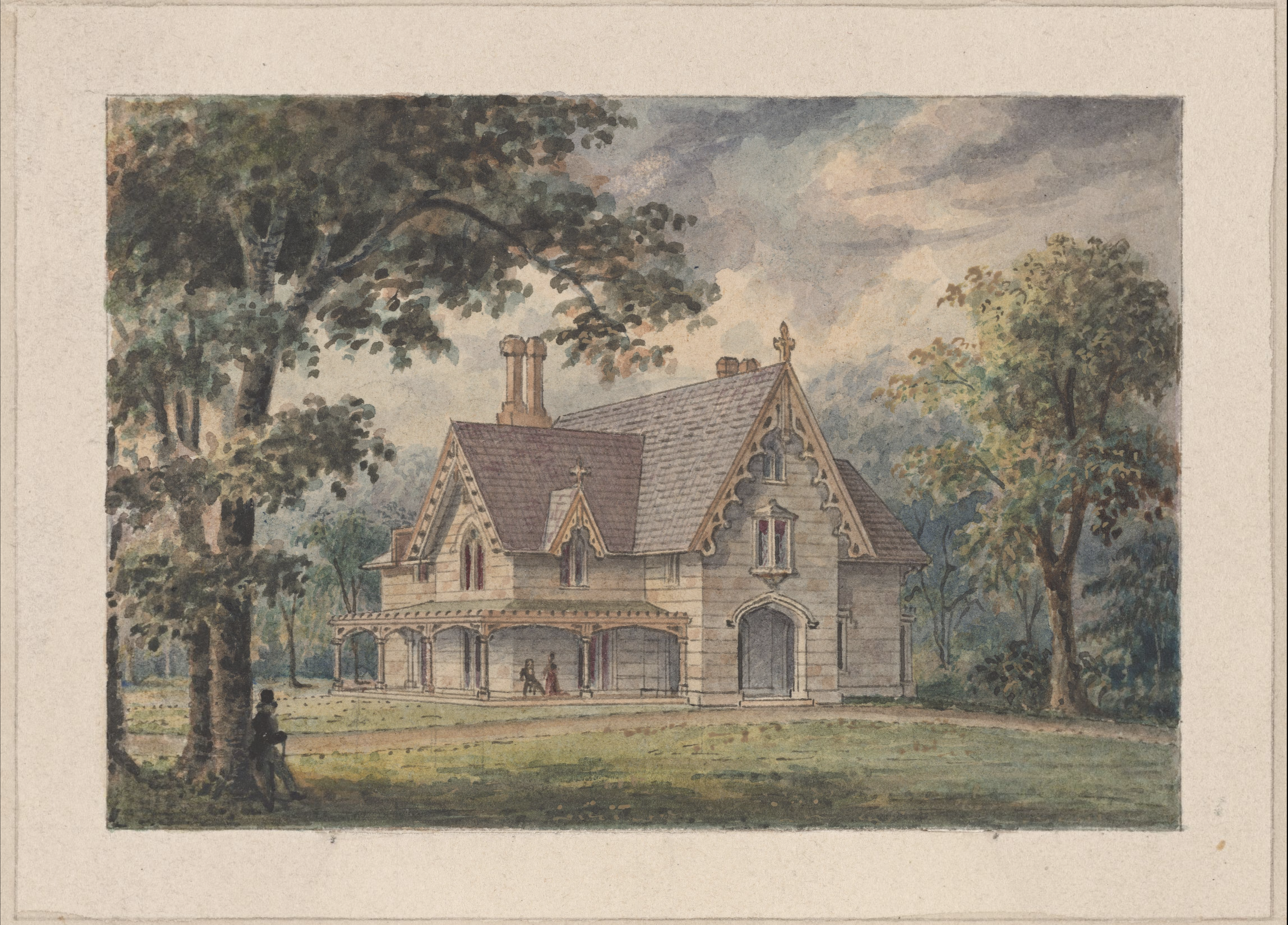 A watercolor painting of a historic building with a gabled roof, decorative woodwork, and a cross at the peak, surrounded by trees, with people walking nearby.