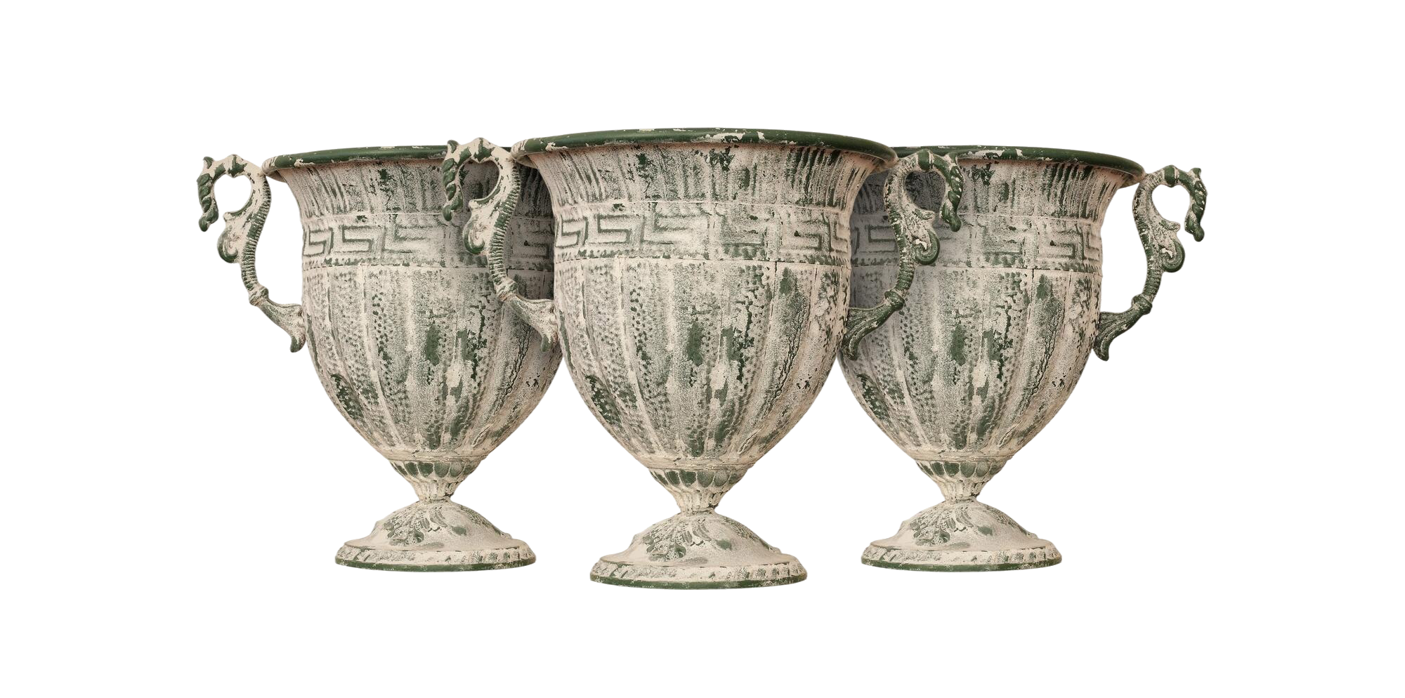 Three antique stone chalice-shaped cups with ornate handles, arranged in a row on a plain surface. The cups have a weathered, textured surface with a pattern around the exterior.