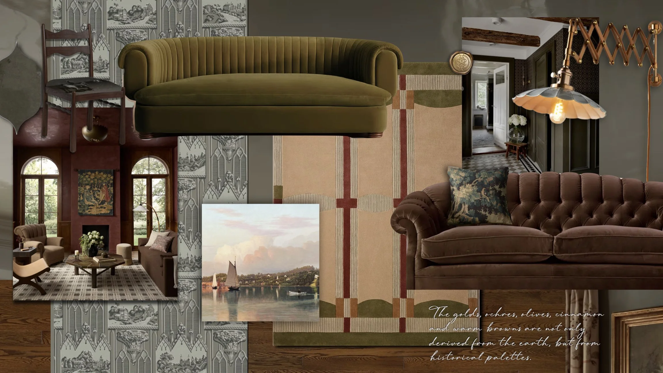 Collage of interior decor with vintage furniture, patterned wallpaper, paintings, and a view of sailboats on a lake.