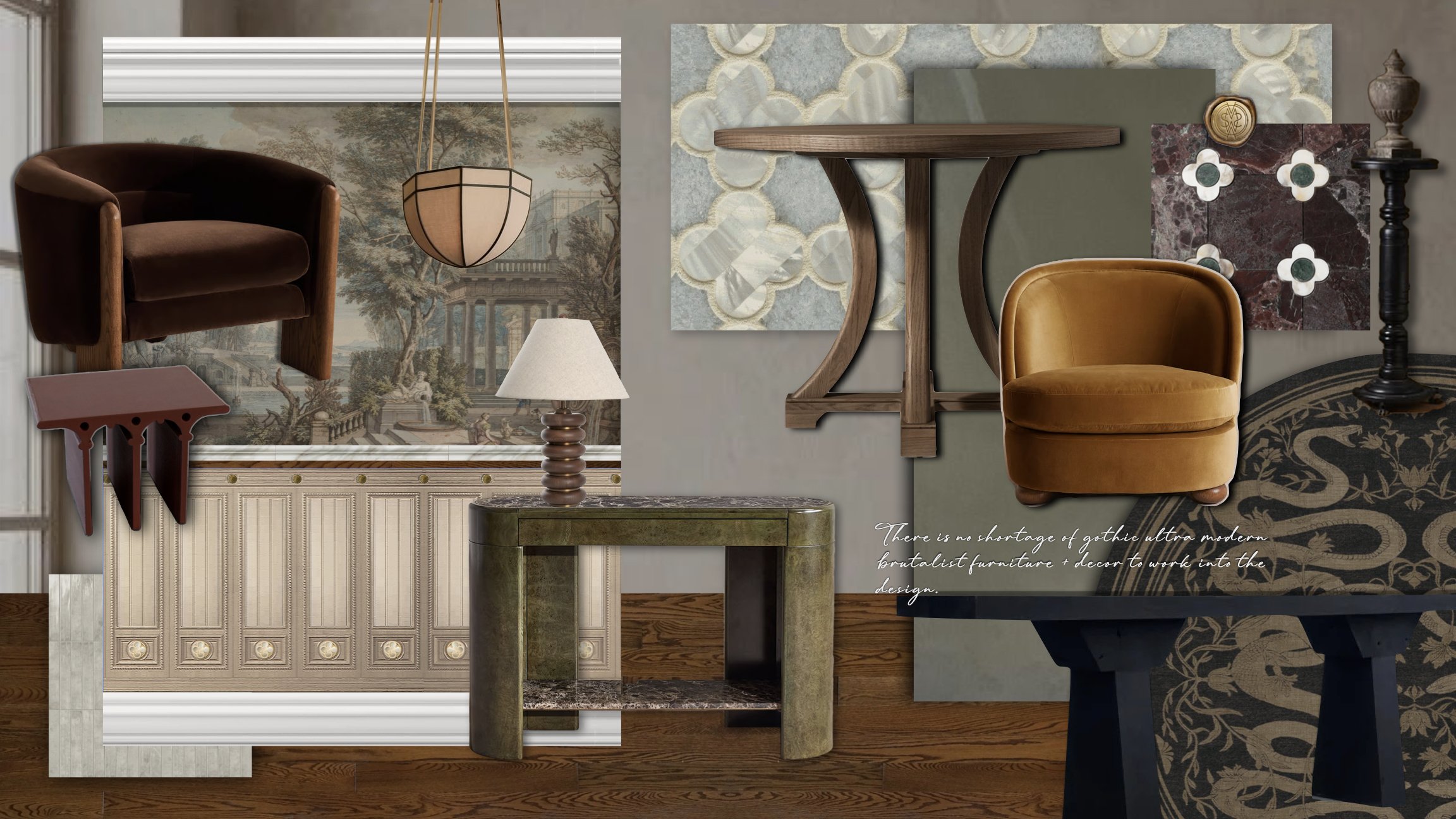 Collage of vintage and modern furniture and decor, including a brown velvet armchair, a beige side table, a lamp, a wall mirror, a wooden table, and abstract art pieces, with a background mural of a cityscape and trees.