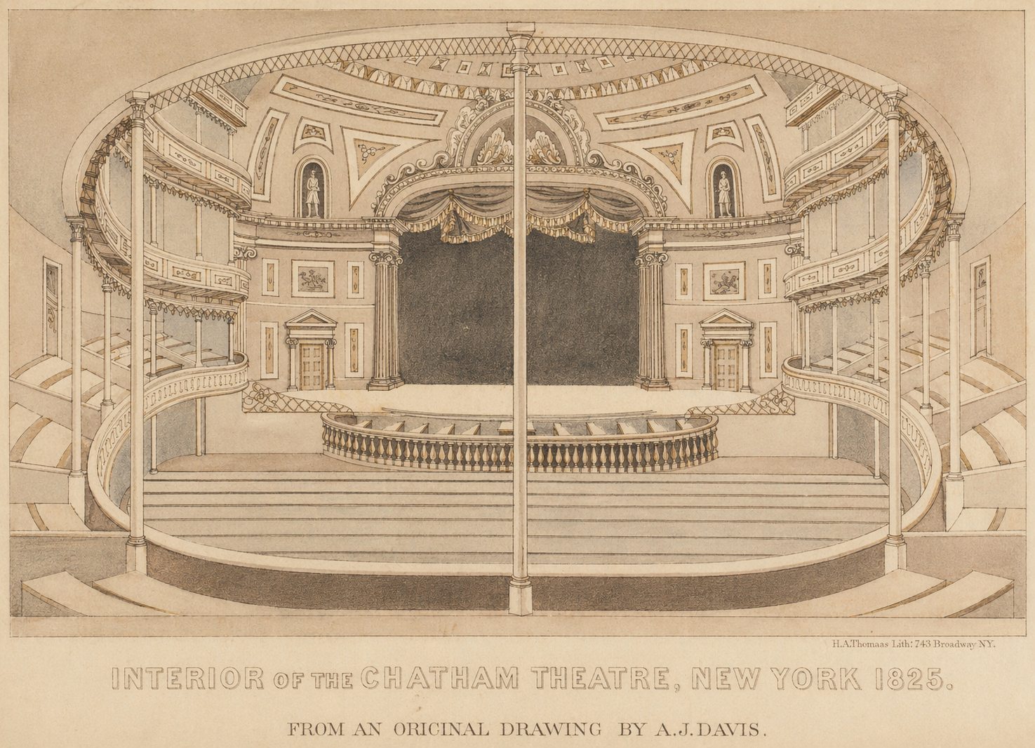 A historical architectural drawing of the interior of the Chatham Theatre in New York from 1825, showing a stage with curtains, a balcony, and ornate detailing.