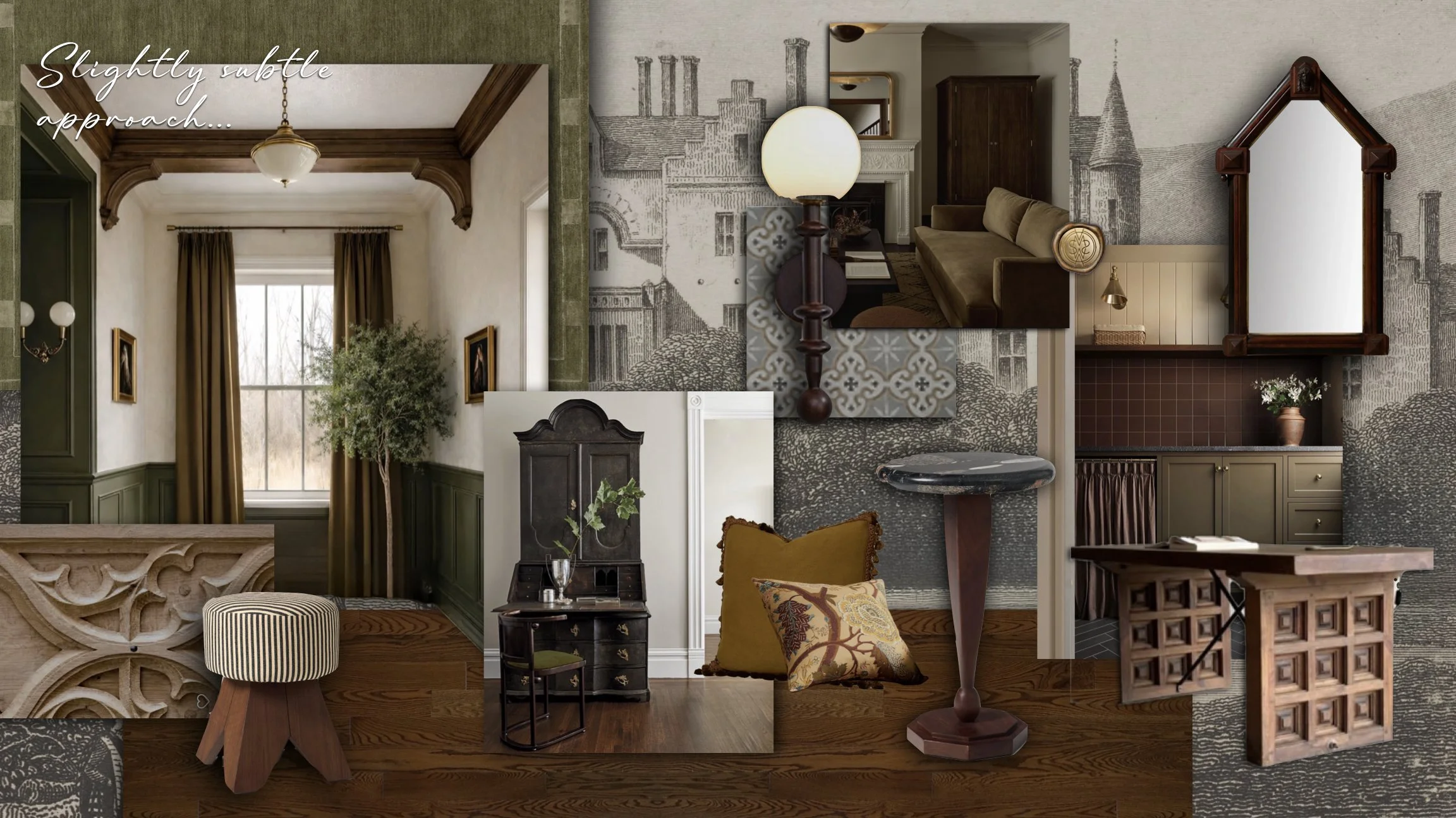 Collage of interior design elements including a window with brown curtains, a dark wood cabinet, a dark wood side table with flowers, a yellow pillow, decorative wall murals of buildings, a vintage mirror, a small rounded table with a black finish, a