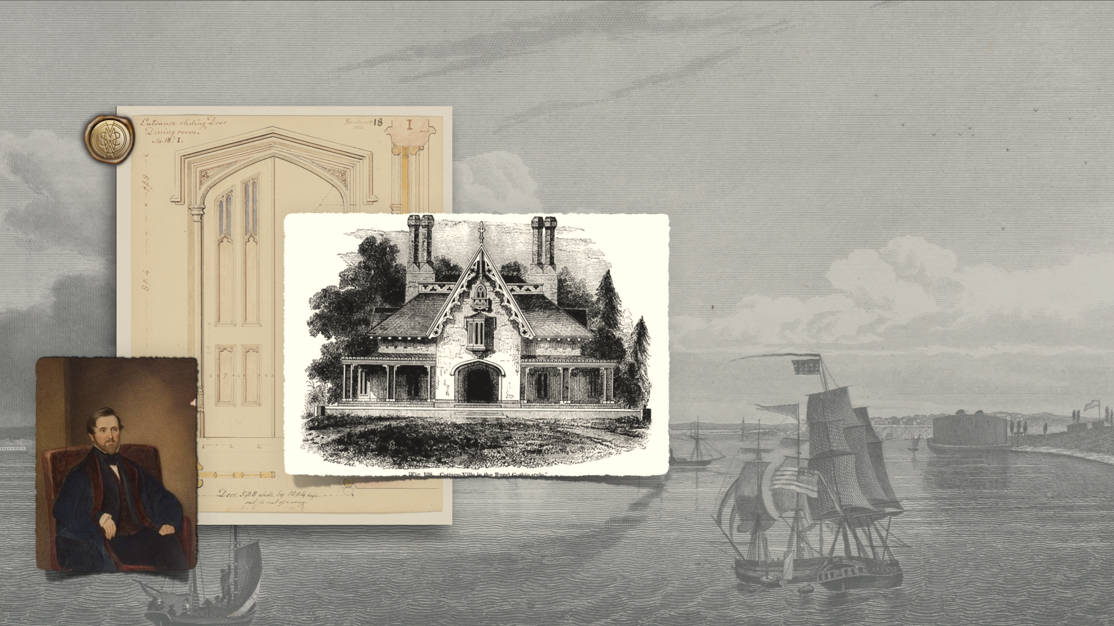 A collage of historical images including architectural drawings, a portrait of a man, and a black-and-white illustration of a house with two chimneys surrounded by trees.