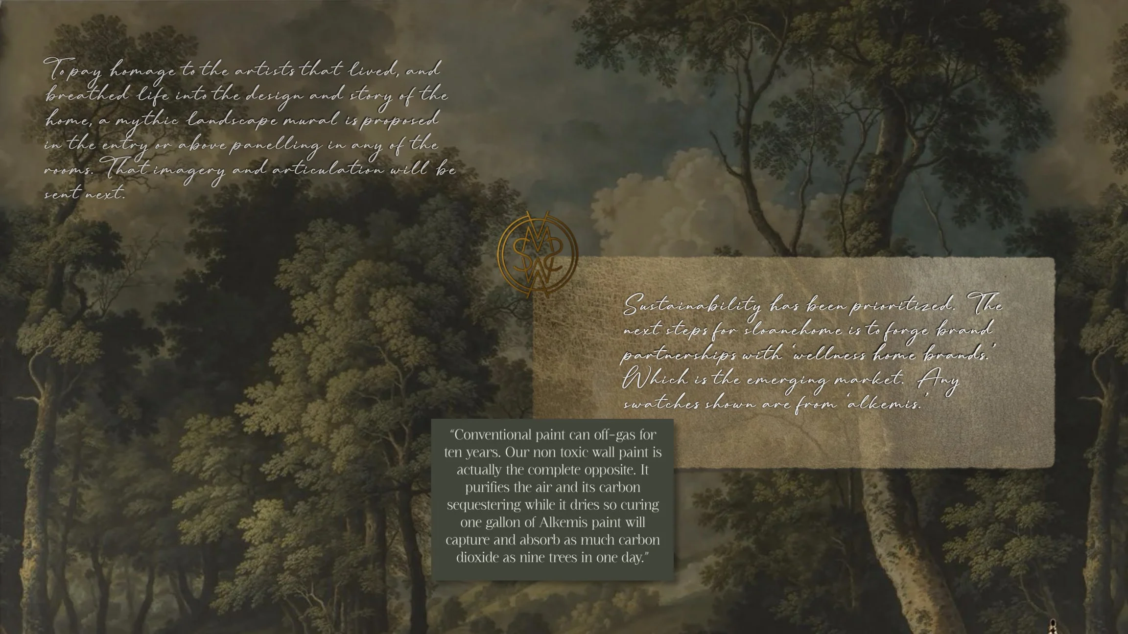 A mural depicting a lush forest scene with trees and clouds, with overlaid text expressing appreciation for artists and discussing sustainability in home building.