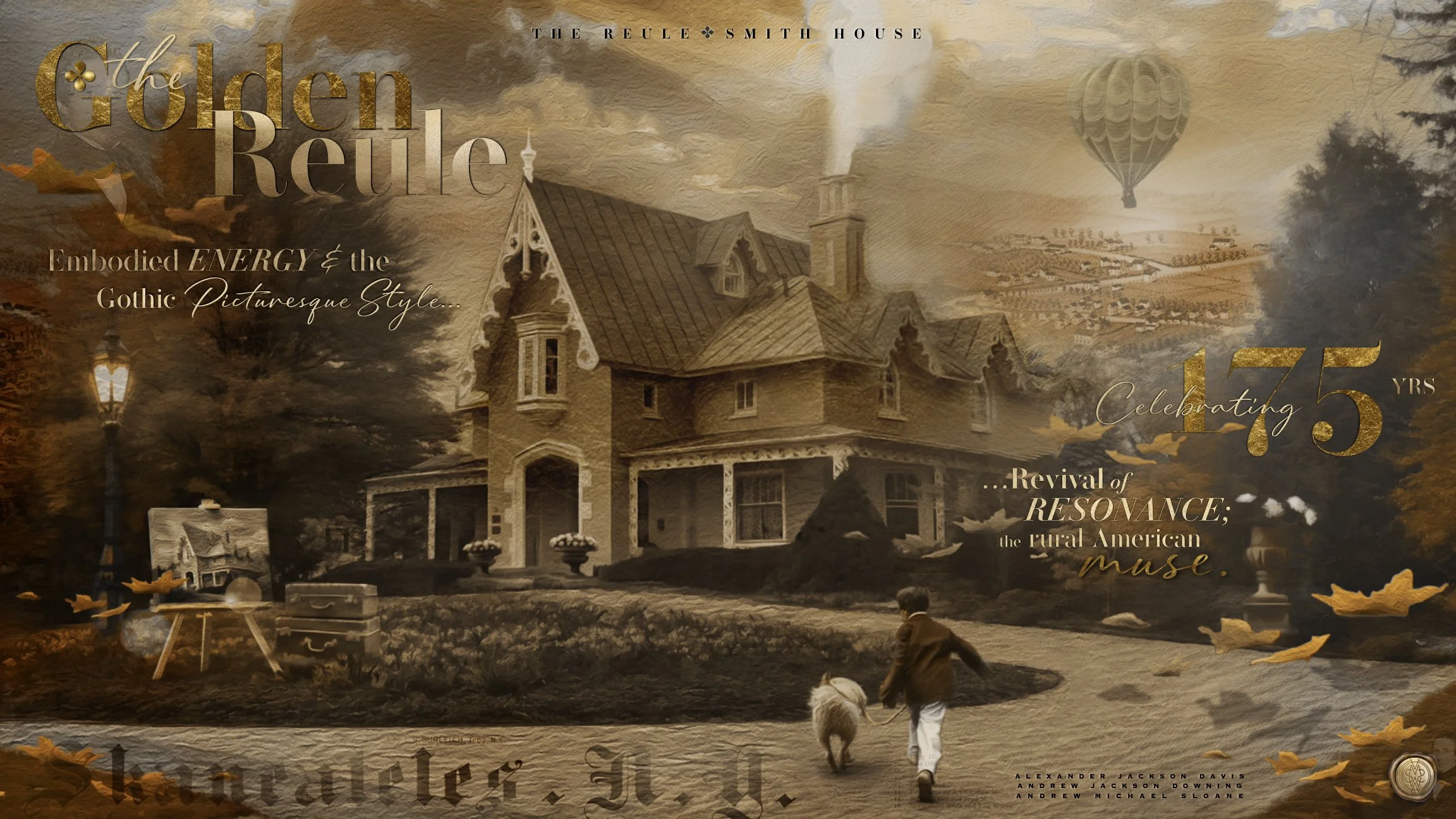 A sepia-toned landscape featuring an old Gothic-style house, hot air balloons in the sky, and children playing with a dog in a yard, with text celebrating 175 years of cultural revival and American history.