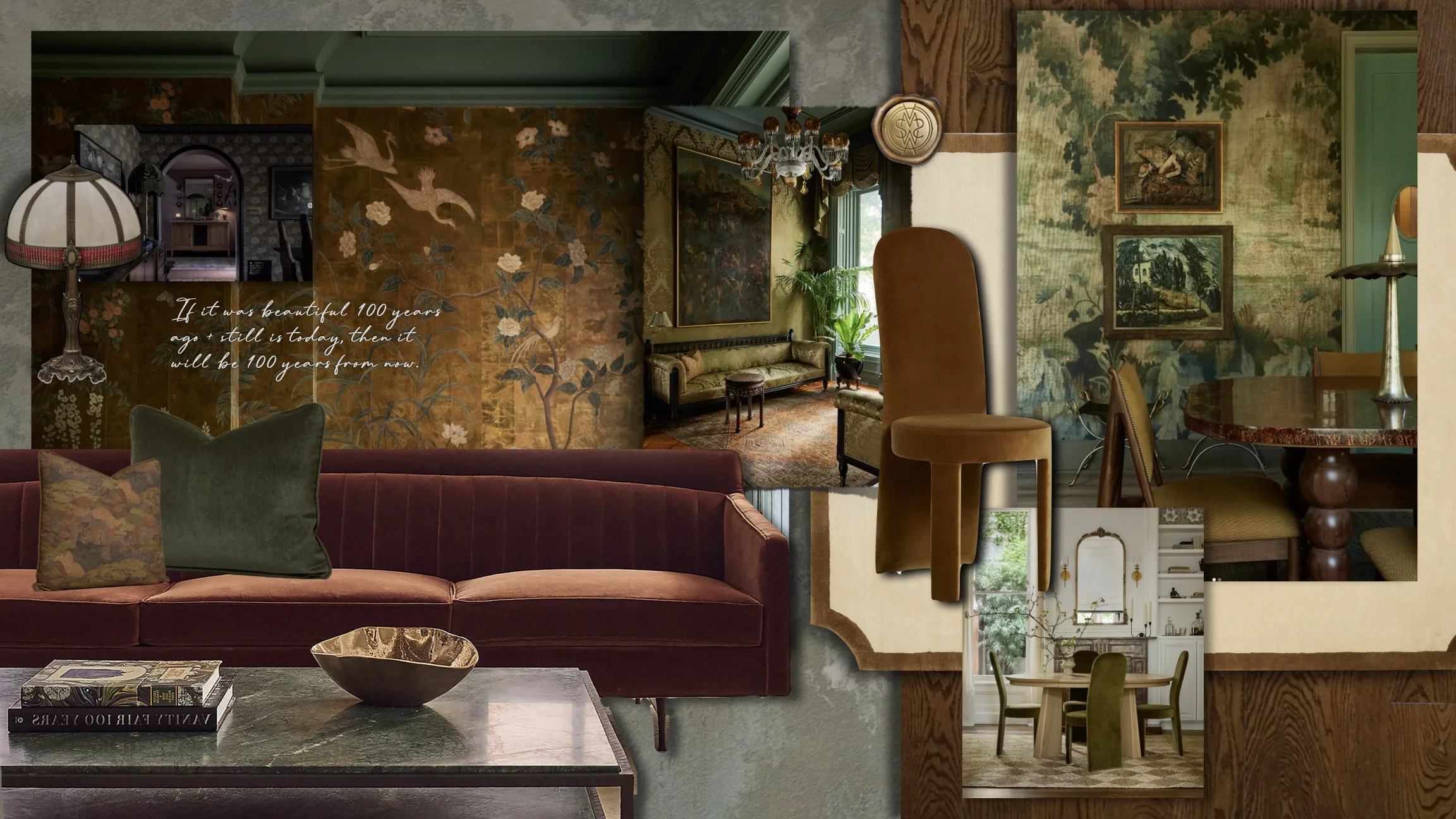 Collage of vintage and antique interior decor, including framed artwork, ornate lamps, velvet sofas, and decorative accessories in a cozy space.