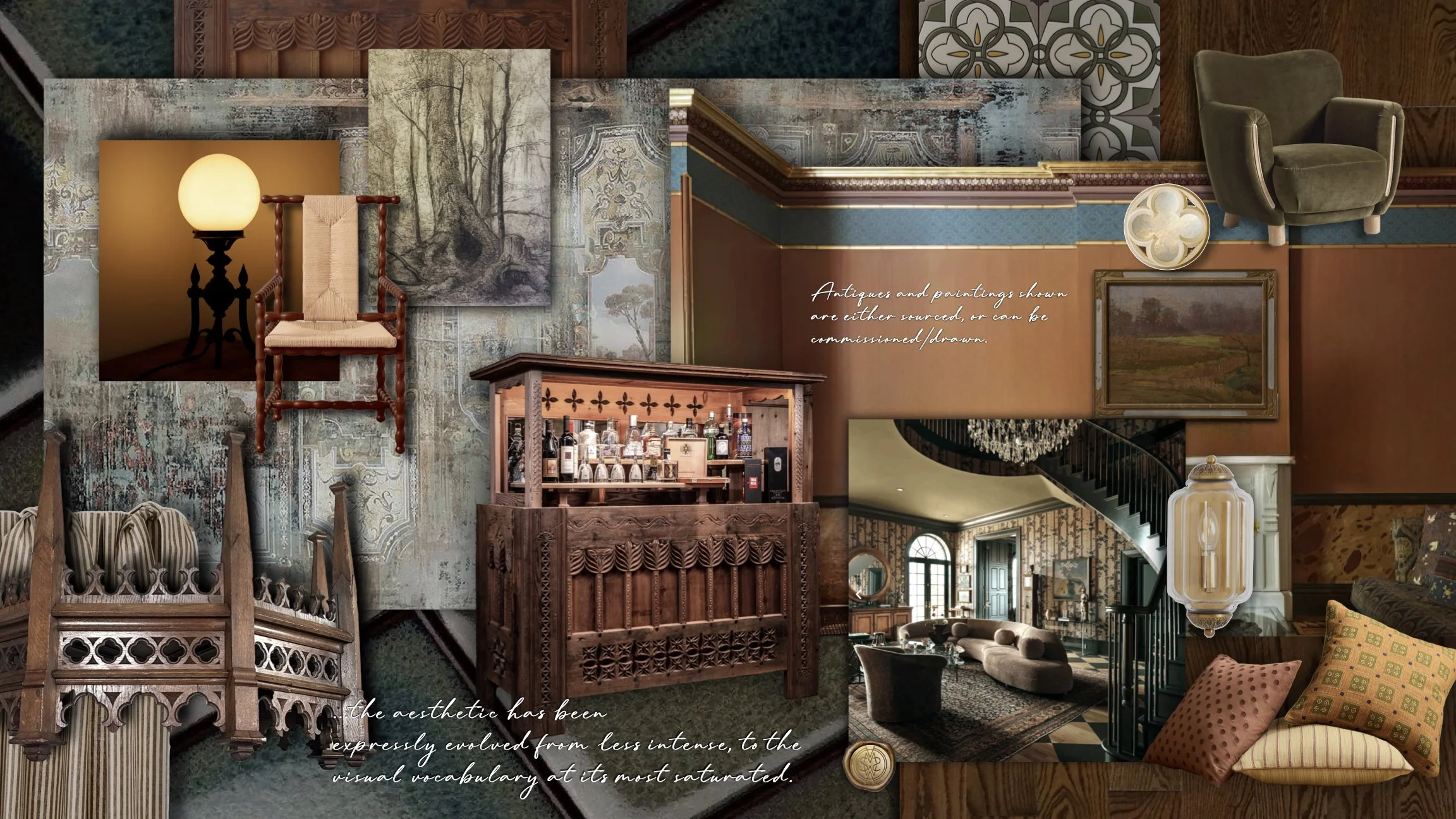 Collage of antique and vintage furniture, paintings, and decor in a luxurious interior setting, with handwritten text overlay about the aesthetic evolution of vintage decor.
