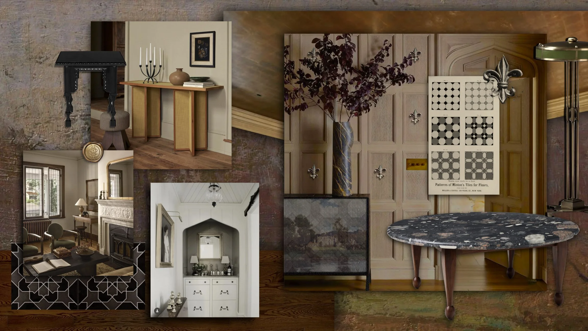 A collage of interior design elements including a living room with cream walls and a fireplace, a side table with books and decor, a large window with curtains, a hallway with a chandelier, a wooden cabinet with flowers, a black marble table, and a w