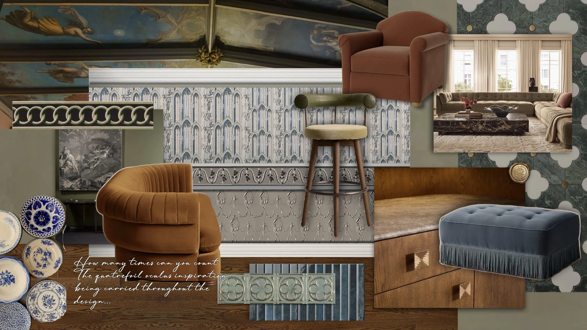 A collage of various interior design elements including patterned wallpaper, textured curtains, elegant furniture such as a peach-colored armchair, a beige sectional sofa, and decorative plates, along with ceiling paintings and a wooden floor.