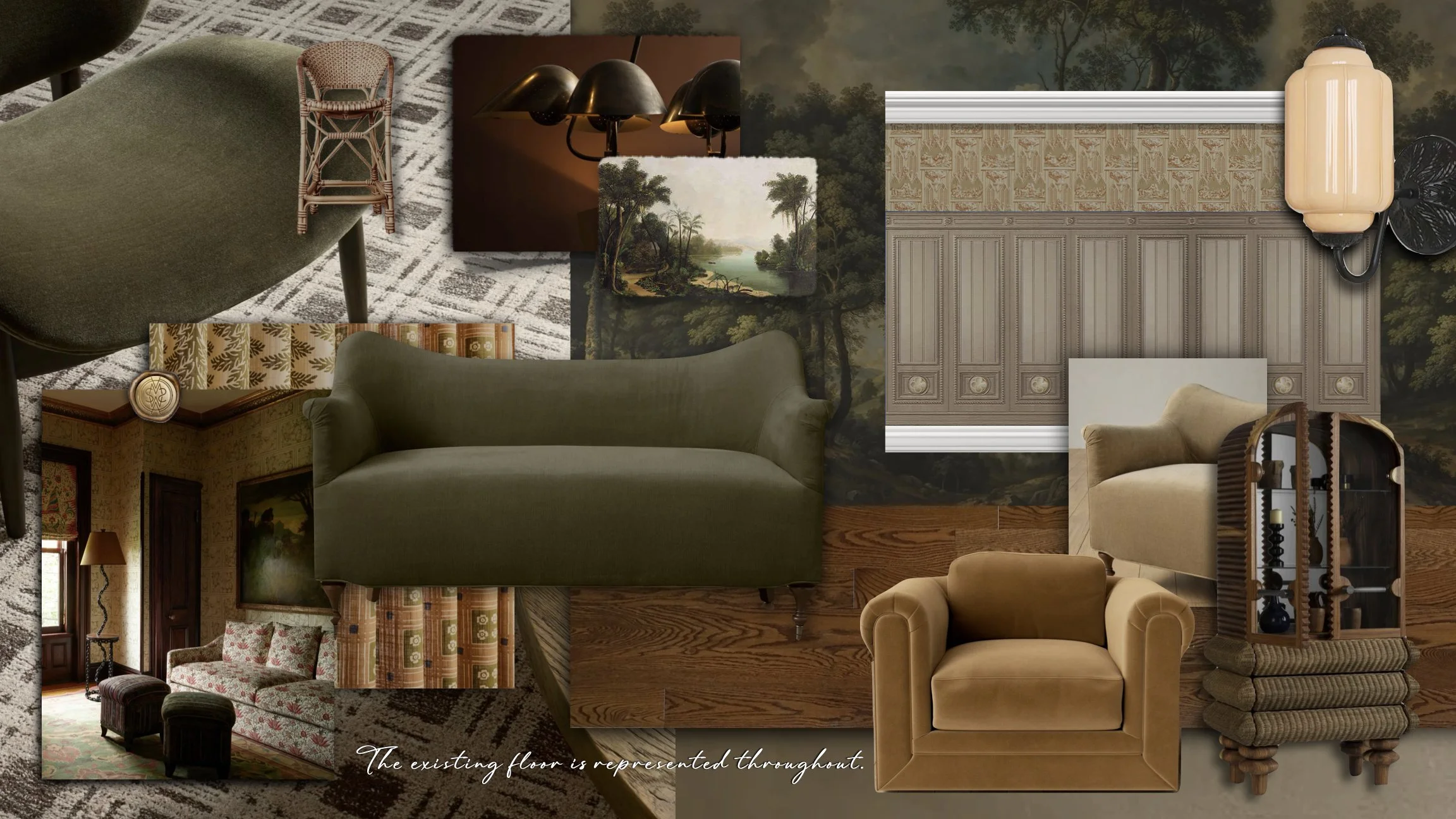 Interior design mood board featuring various furniture and decor elements including a green velvet sofa, beige armchair, patterned curtains, a vintage cabinet, wall art, lighting fixtures, and wall textures.