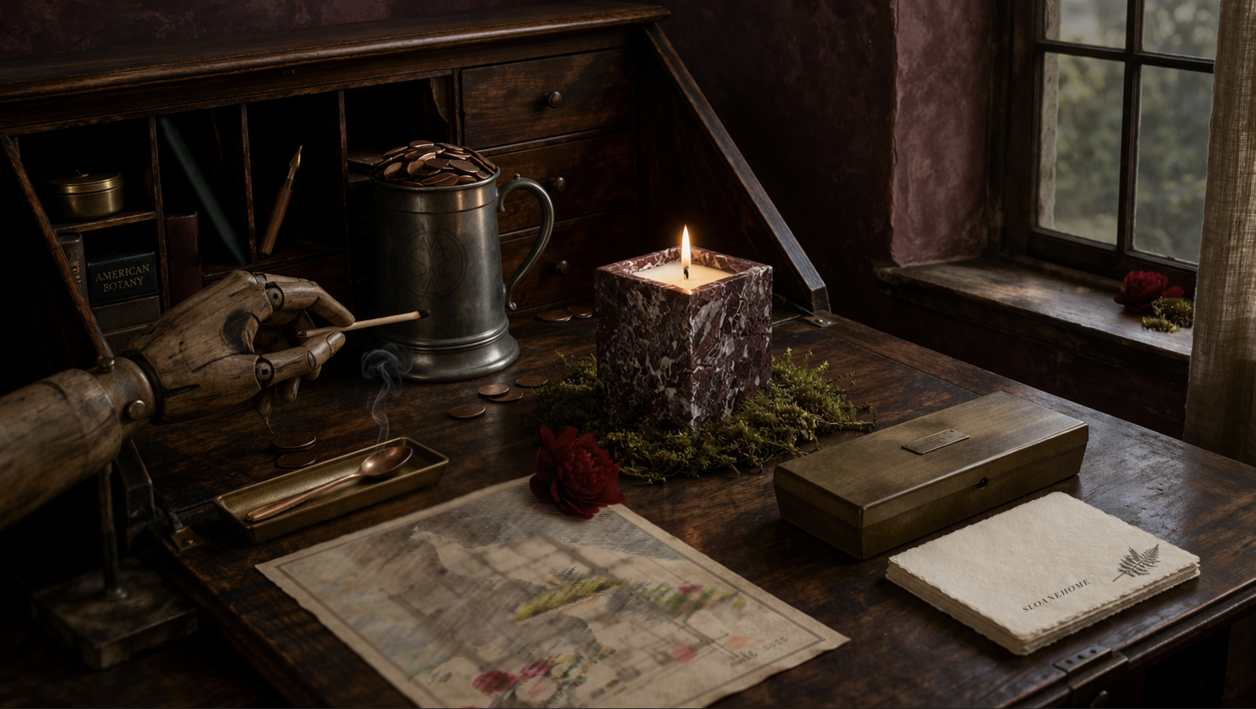 A wooden desk with a lit candle, a metal pitcher filled with coins, and various papers and objects. A wooden hand model is holding a coin. There is a window with curtains and some flowers on the windowsill.
