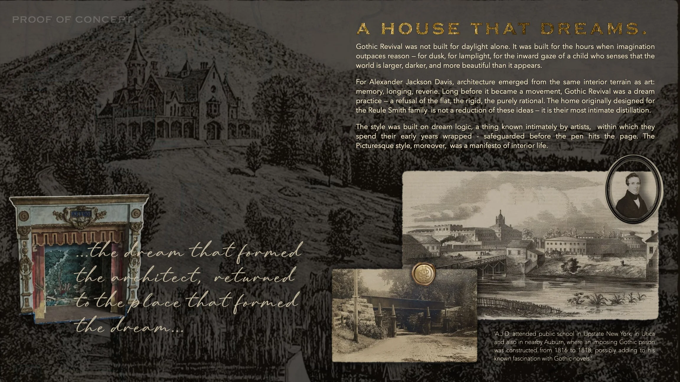 A historical illustration of a Gothic Revival house set in a landscape with trees and a mountain, along with a small cityscape and a portrait of a man in a suit. The image contains text about Gothic Revival architecture and its origins.