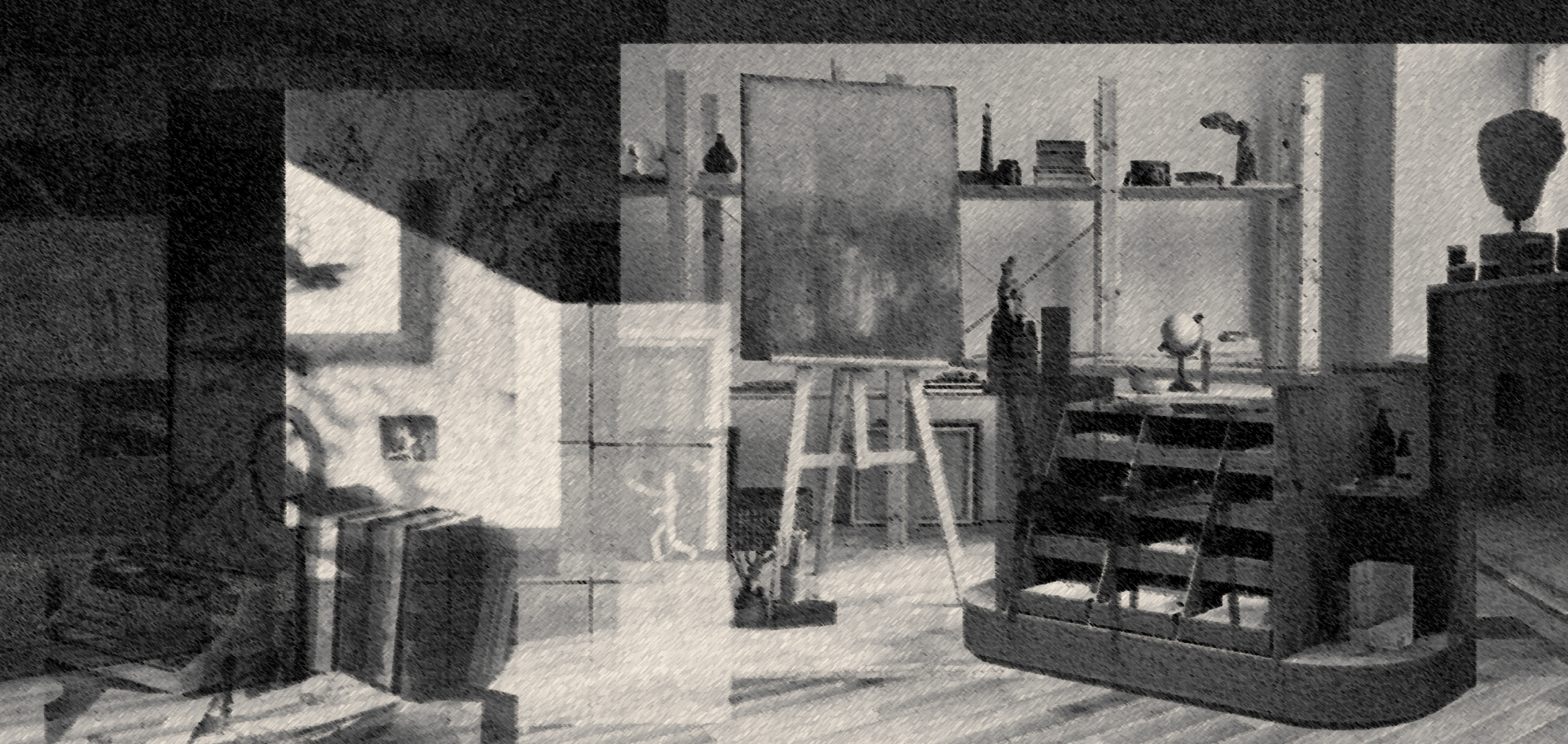 A room with a ladder, a large painting on an easel, and shelves filled with books and decorative objects, including globes and sculptures.