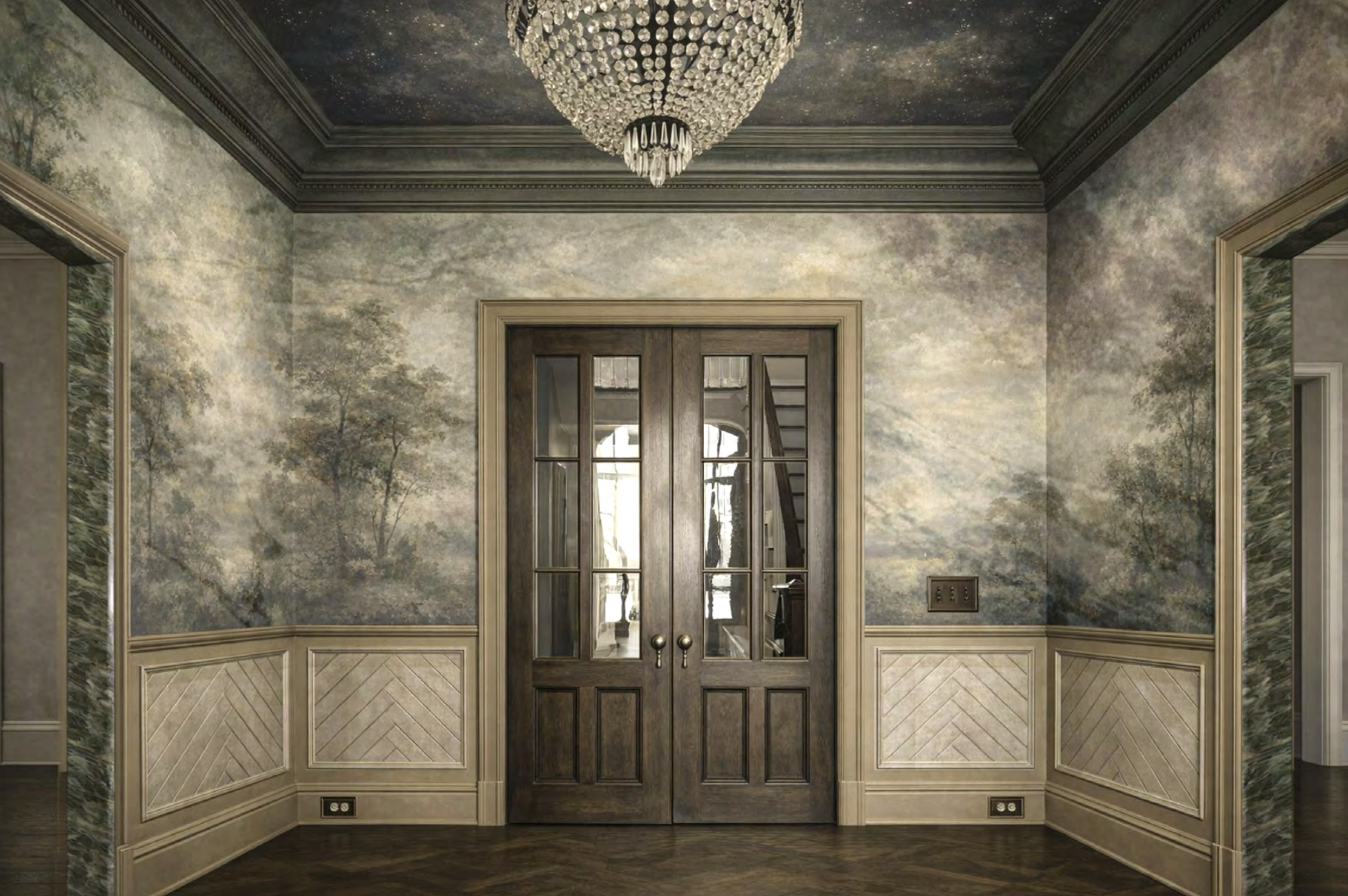 Interior room with mural walls depicting a landscape scene, wooden double doors with glass panes, crown molding, chandelier, and herringbone wooden flooring.