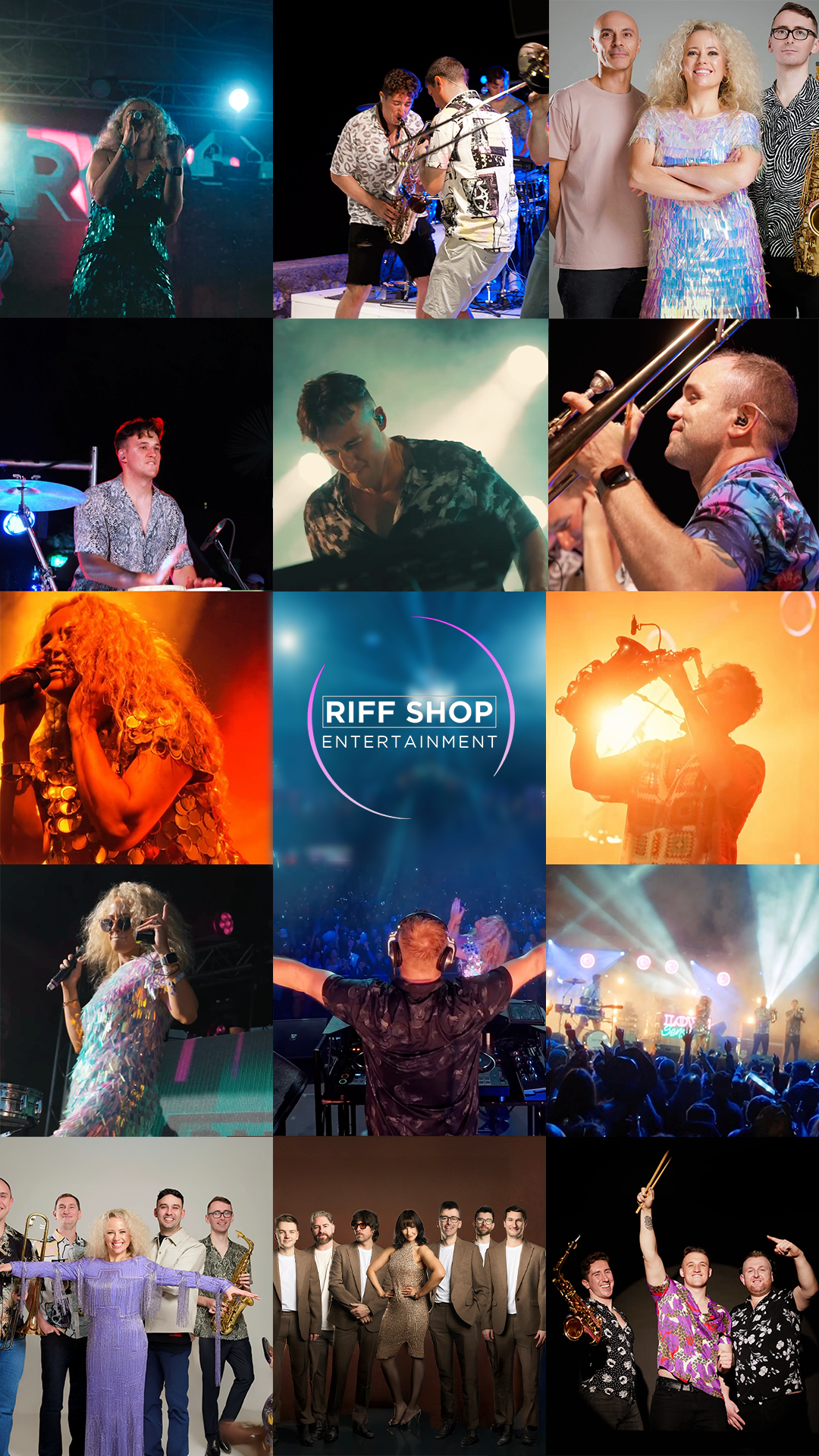 Collage of images from a music event featuring performers on stage, musicians playing instruments, a DJ, audience enjoying the concert, and group photos of band members and staff, with the central logo "RIFF SHOP ENTERTAINMENT".