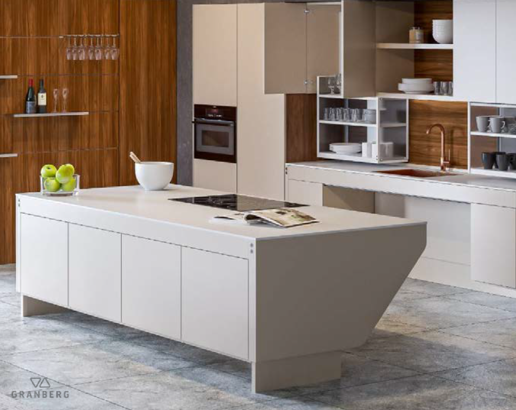 Bespoke accessible kitchens with pull down cupboard and height adjustable kitchen island.. Wheelchair Accessible Home Features