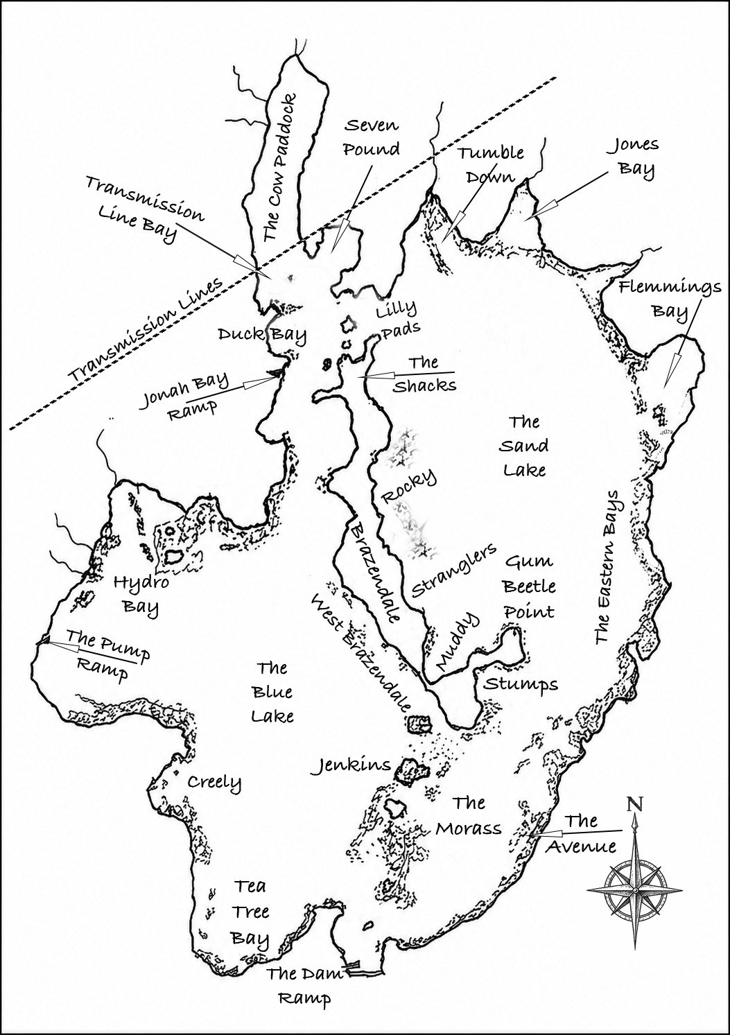 Map of Tasmania's Arthurs Lake, one of Australia's best known wild brown trout waters, including the guide's names for the best bays and areas.