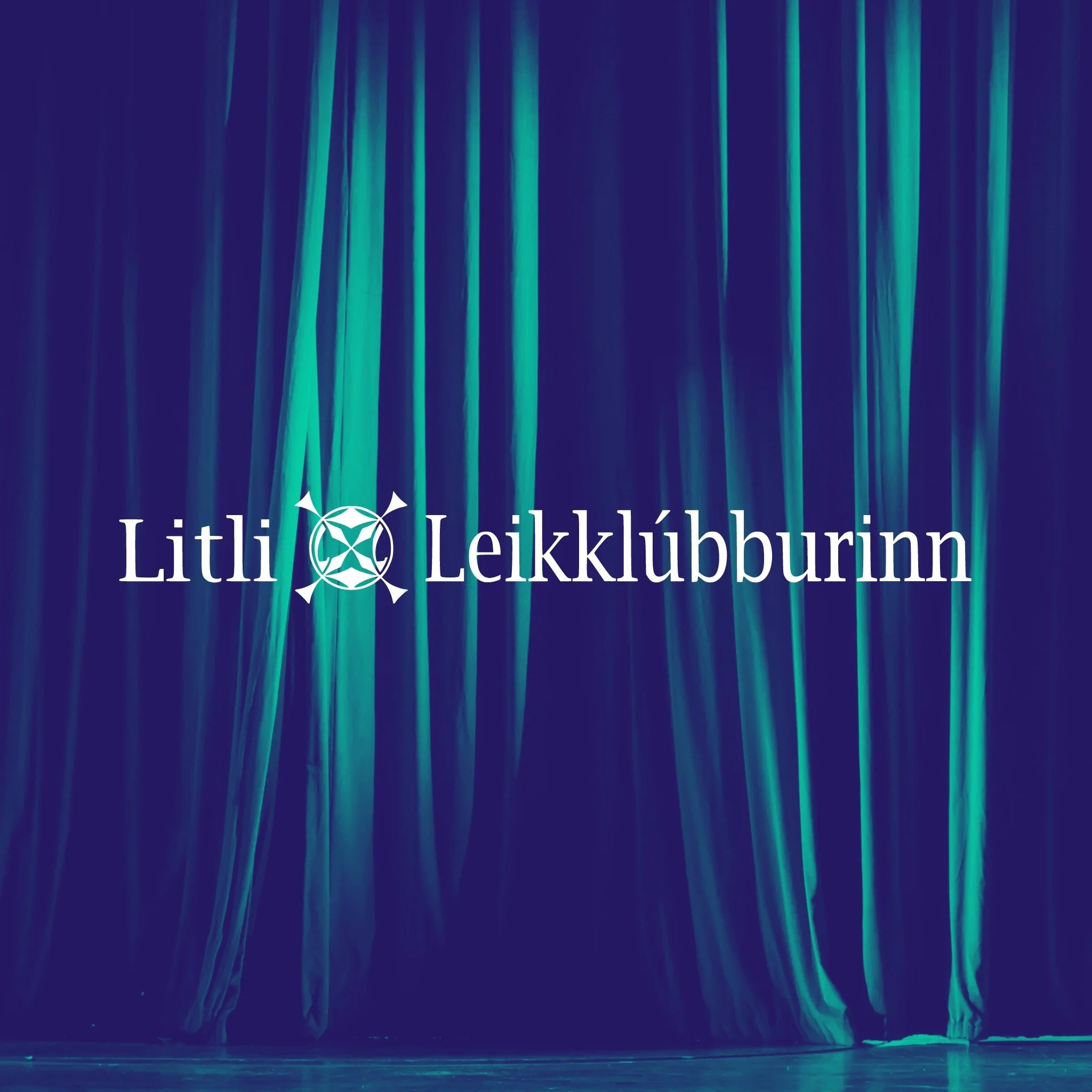 Logo for Litli Leikklúbburinn with a dark blue background and vertical teal light streaks.