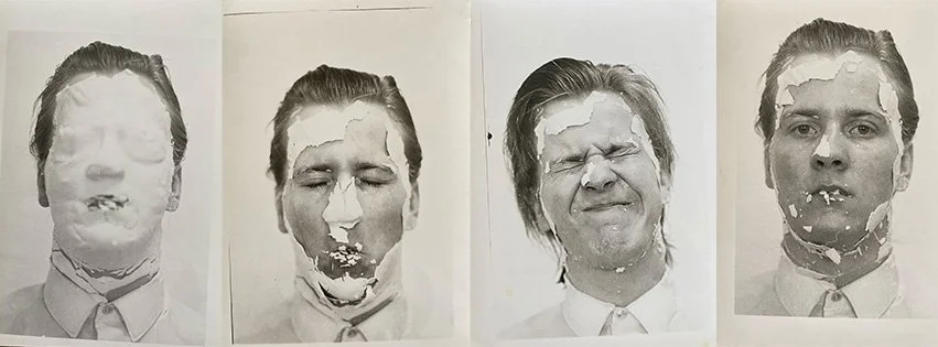 Four black and white portraits of artist Jón Sigurpálsson with peeling paint on his face, each showing different facial expressions.