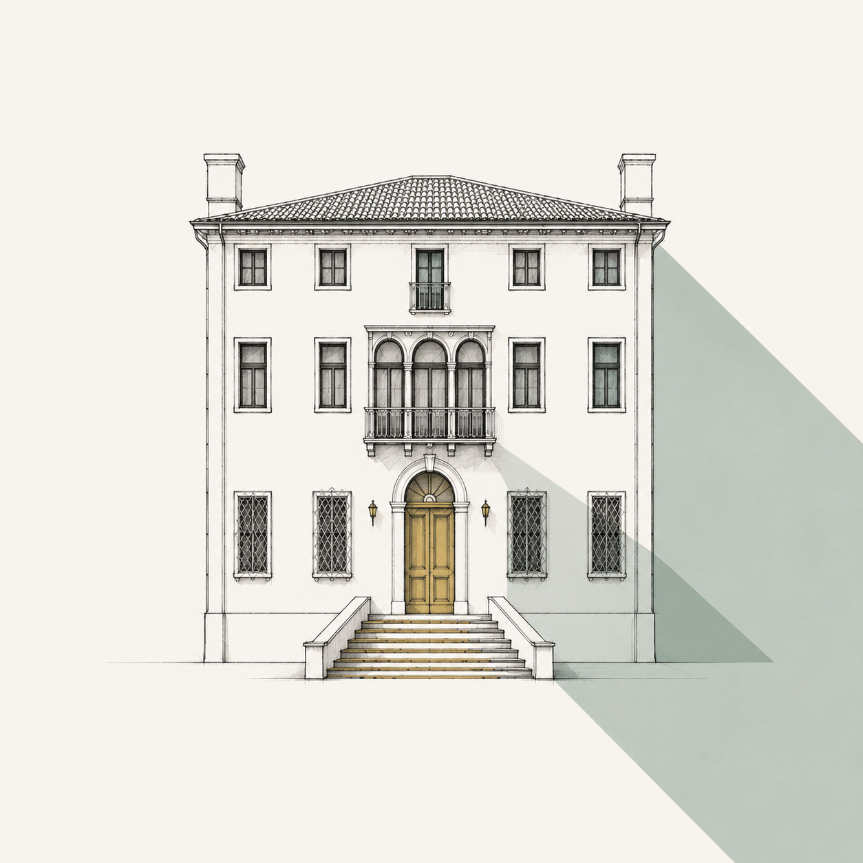 Drawing of a multi-story house with stairs leading to a wooden front door, symmetrical windows with iron grilles, small balcony above the entrance, and a tiled roof.