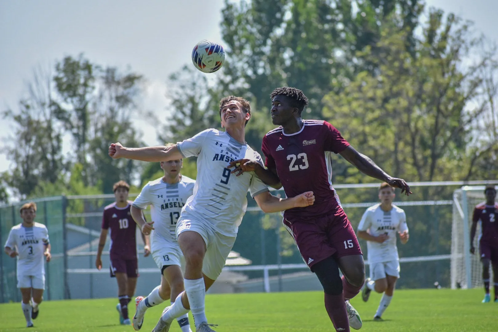 Soccer players competing for the ball during a match on a grassy field with trees and a goalpost in the background.