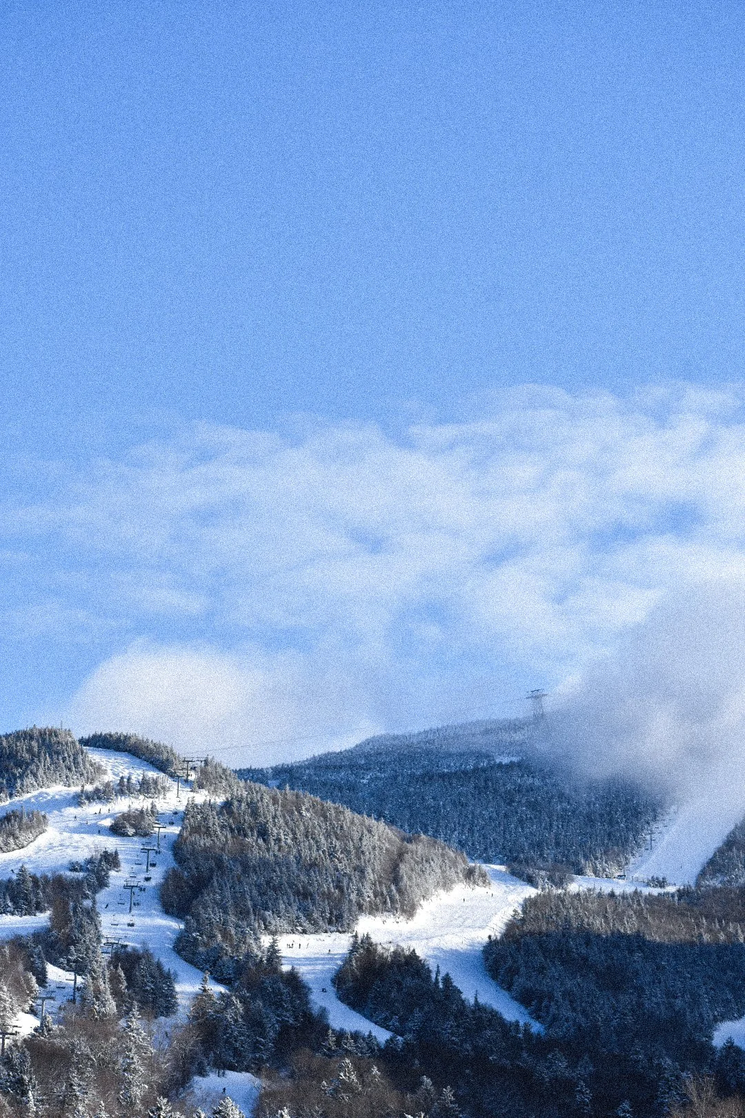 Snow-covered mountains with ski lifts and pine trees, under a blue sky with scattered clouds.
