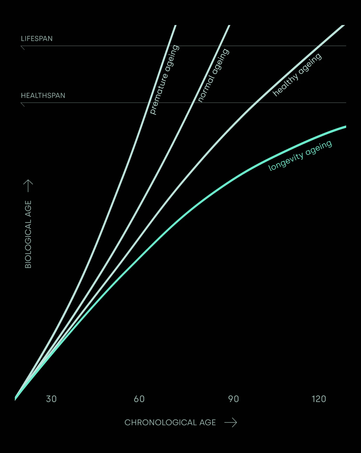 Grafiek die de relatie toont tussen biologische leeftijd en chronologische leeftijd, met lijnen voor gezonde, normale, prematuur en verouderde leeftijd.