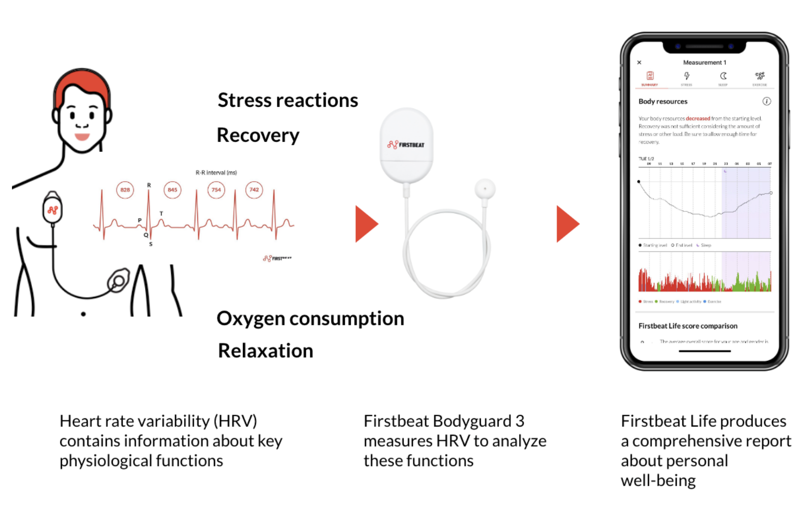 Diagram van een hartslagmonitor, een draagbare Firstbeat Bodyguard 3, en een smartphone scherm met rapportages over stress, herstel, zuurstofverbruik en ontspanning, met uitleg over het gebruik van de apparaten voor het monitoren van fysiologische functies.