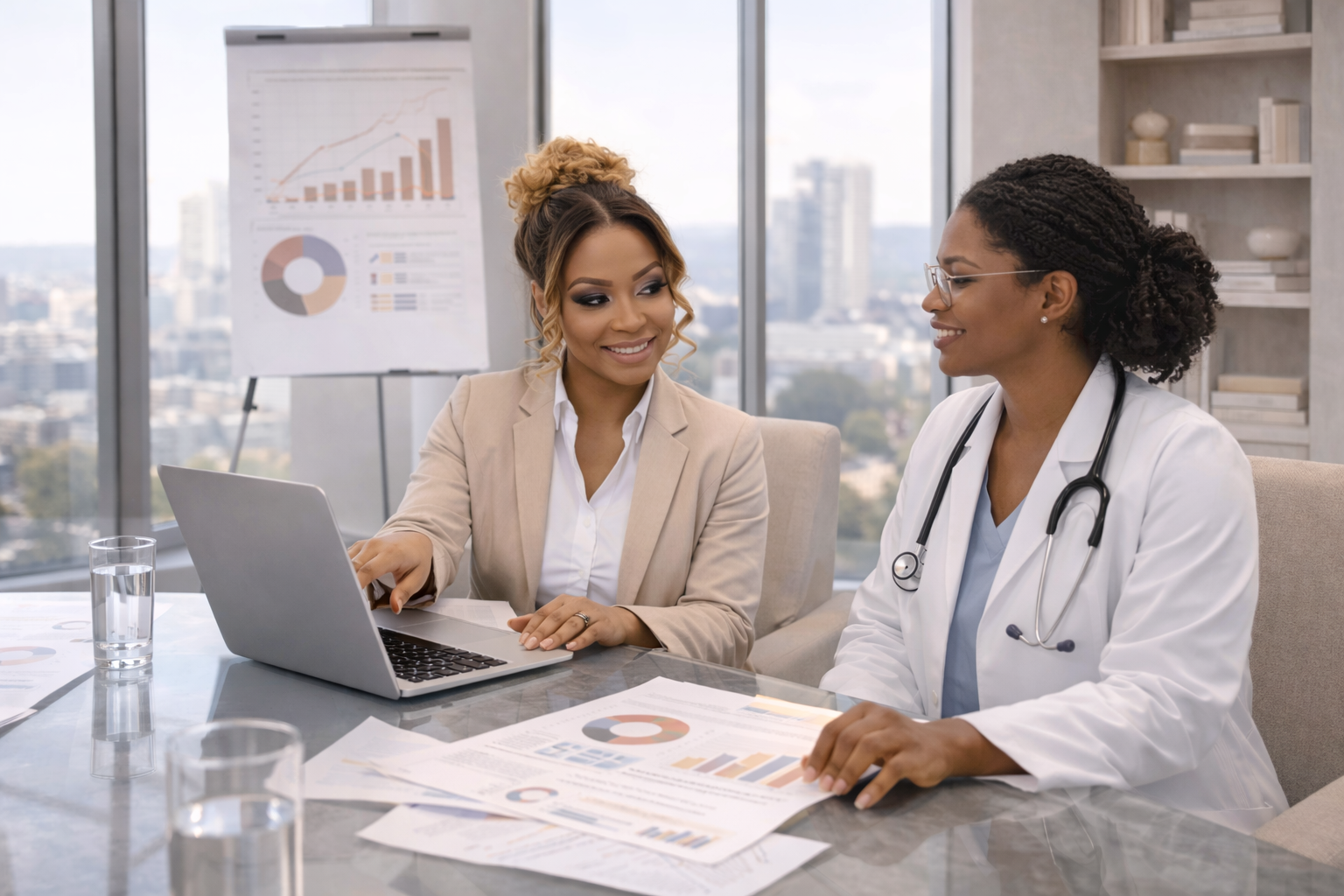 Two women in professional attire having a discussion in an office with large windows, charts, and a laptop on the table.