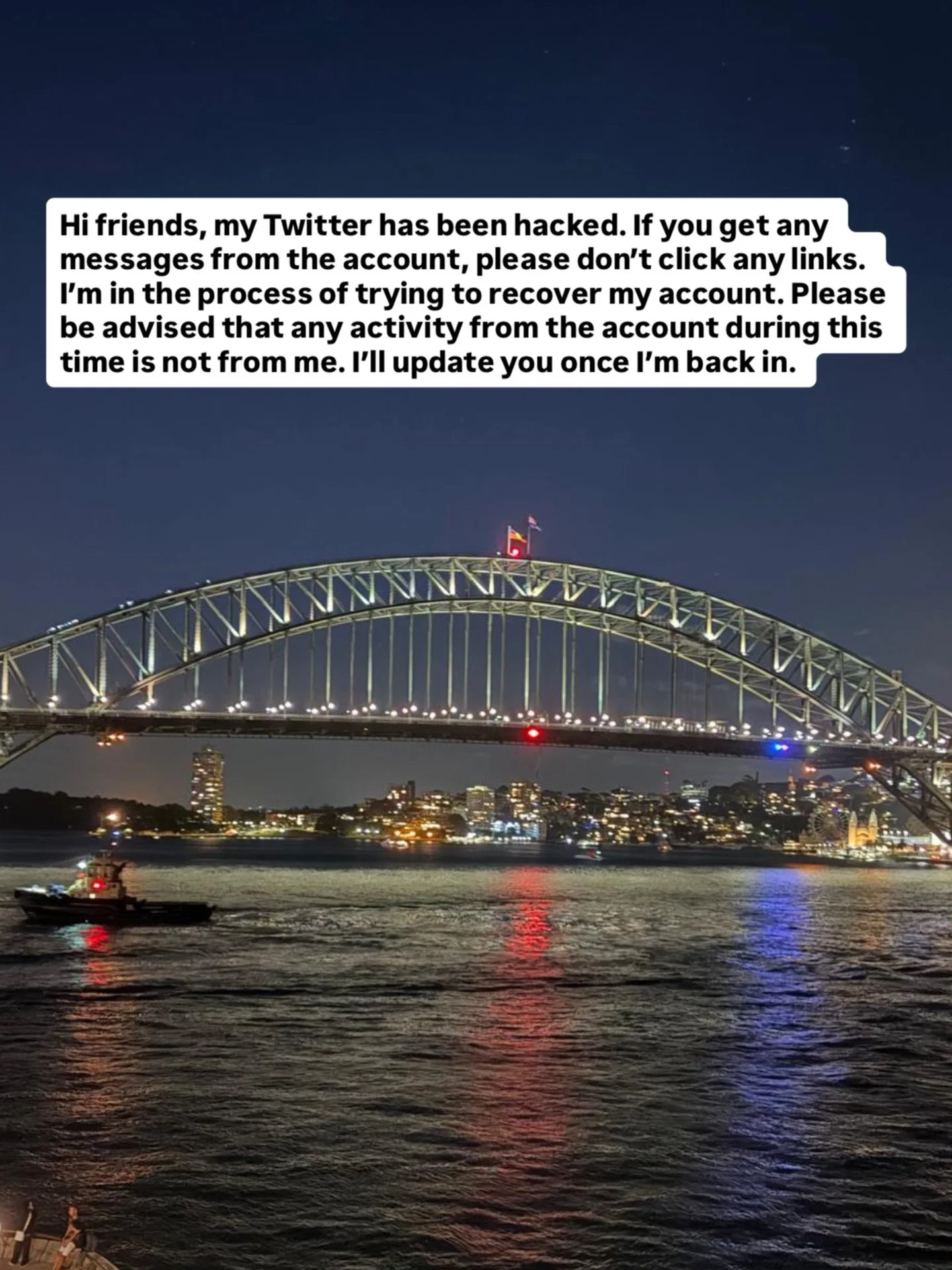 Hi friends, my Twitter has been hacked. If you get any messages from the account, please don&rsquo;t click any links.
I&rsquo;m in the process of trying to recover my account. Please be advised that any activity from the account during this time is n