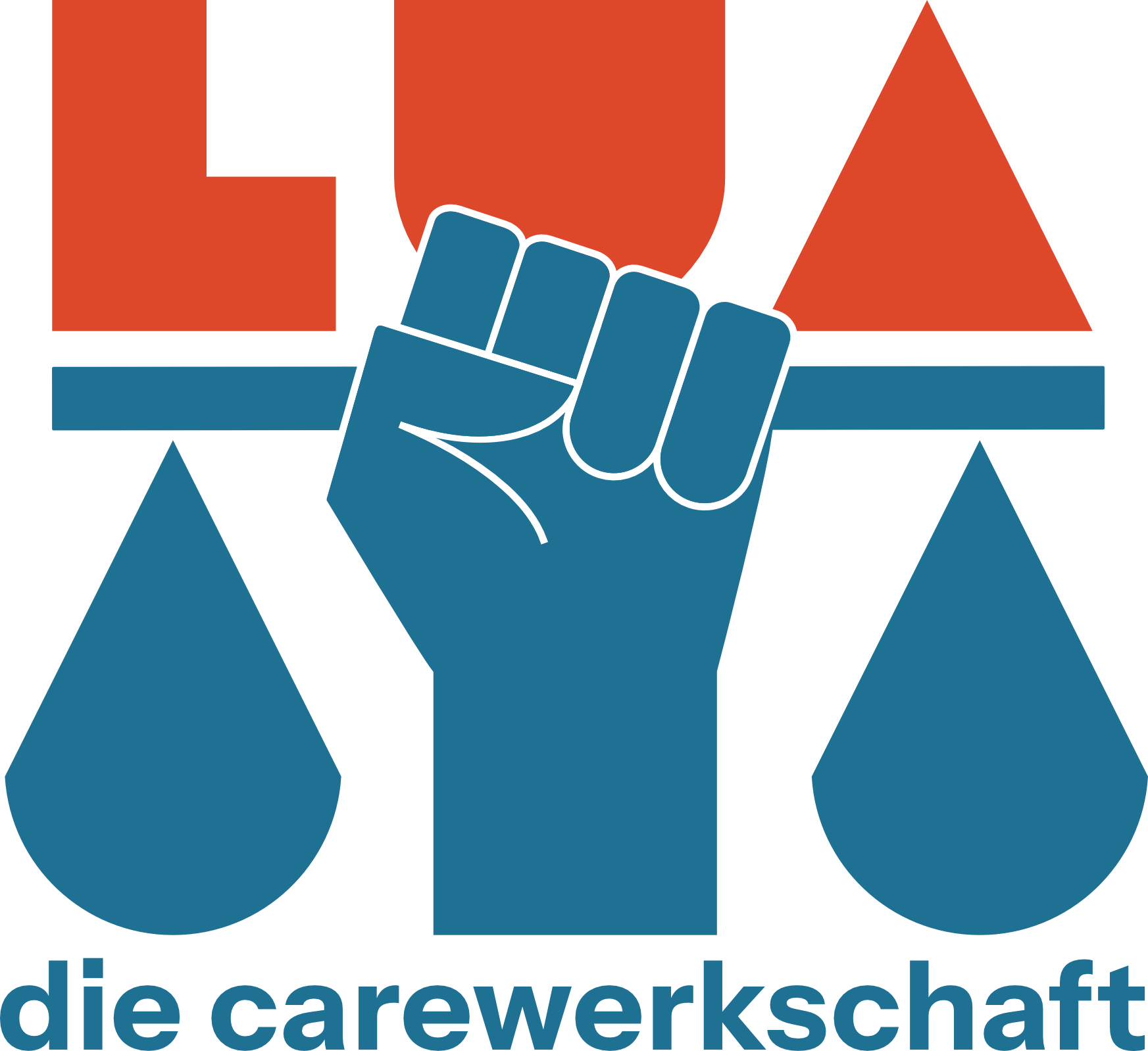 Ein Fäuste-Schlag, überlagert von Wassertröpfchen, mit Text "LEA" und "die carewerkschaft" darunter. Das Design symbolisiert Kraft und Solidarität in einer Arbeiterbewegung.