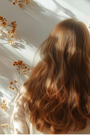 A woman with long, wavy, light brown hair, partially turned away, standing near a white wall with orange floral decorations.
