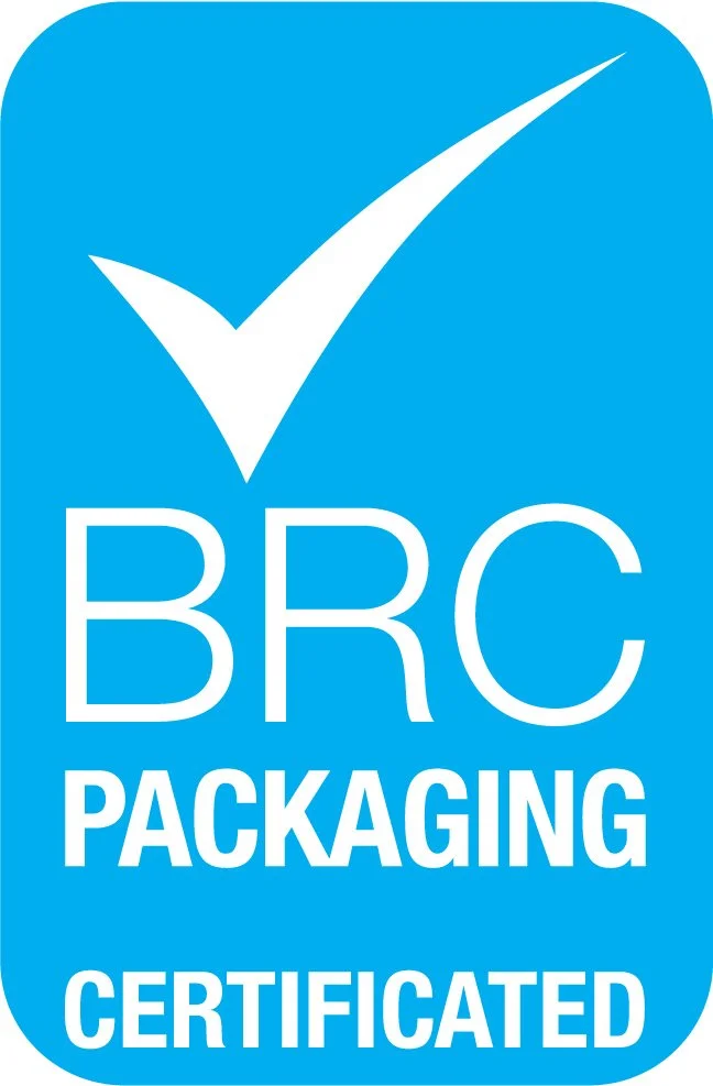 Blue label with a white checkmark, stating "BRC Packaging Certified".