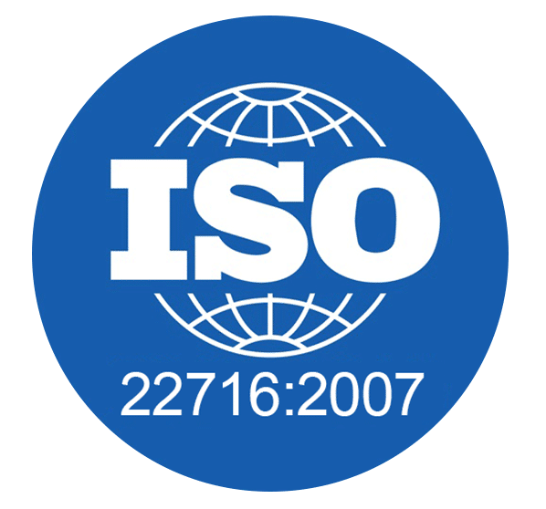 ISO logo with a globe graphic, ISO 22716:2007 standard name, on a blue circular background.