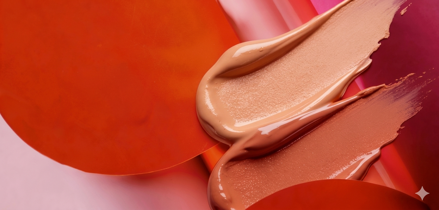 Close-up of makeup foundation swatches on colorful background with bold reds and pinks, showing textures and shades.
