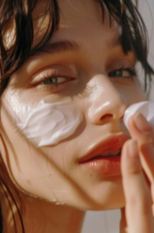 Close-up of a woman applying white cream or moisturizer on her face, with short dark hair and natural makeup.