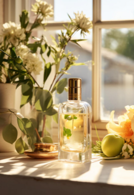 A clear glass perfume bottle with a gold cap on a windowsill, surrounded by white flowers and green apples, with sunlight illuminating the scene.